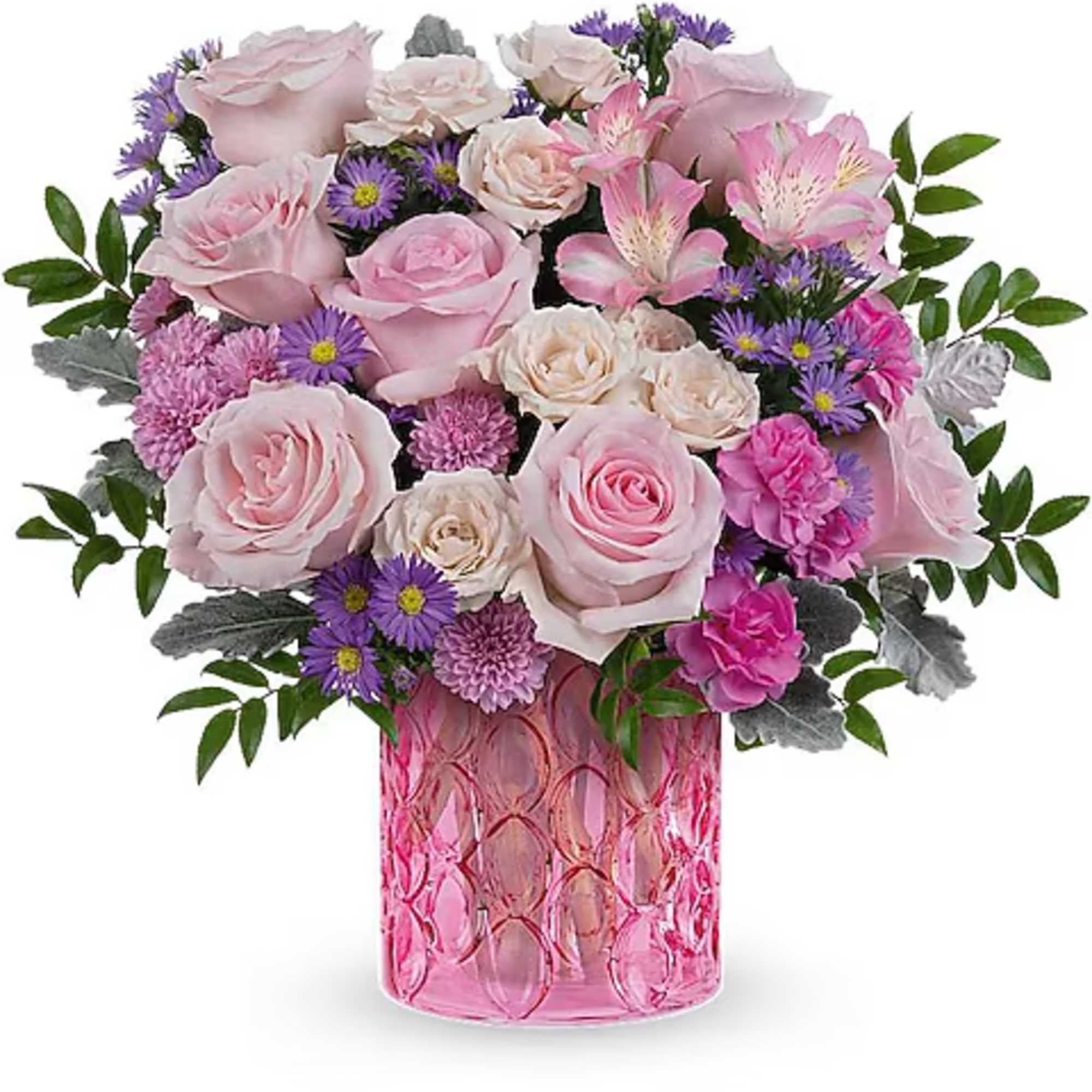 Pink and lavender bouquet in a pink glass vase