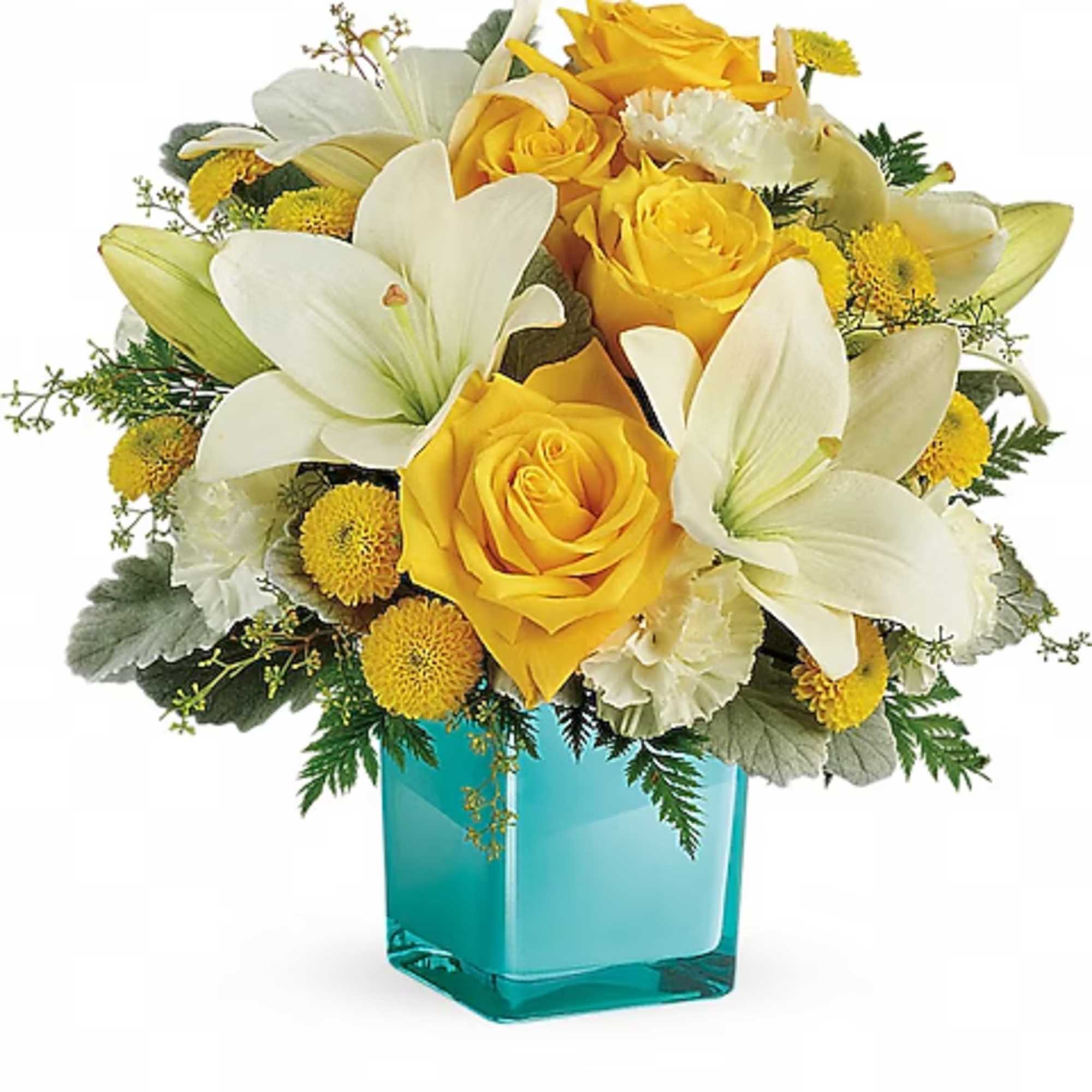Yellow roses and white lilies arranged in a turquoise vase