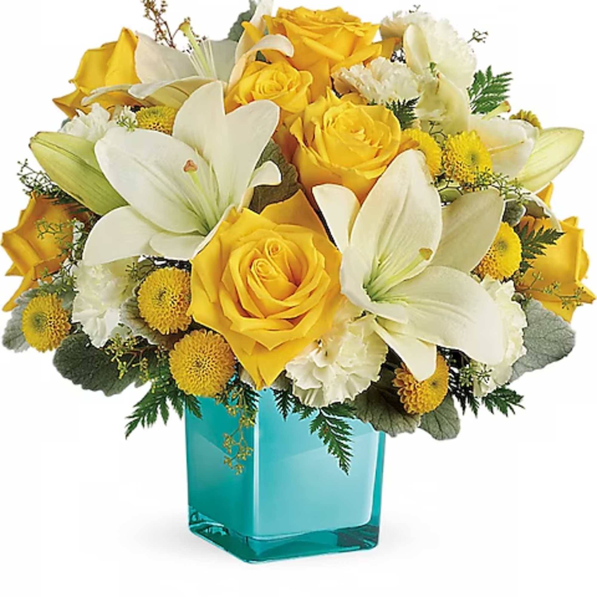 Yellow roses and white lilies in a turquoise glass vase
