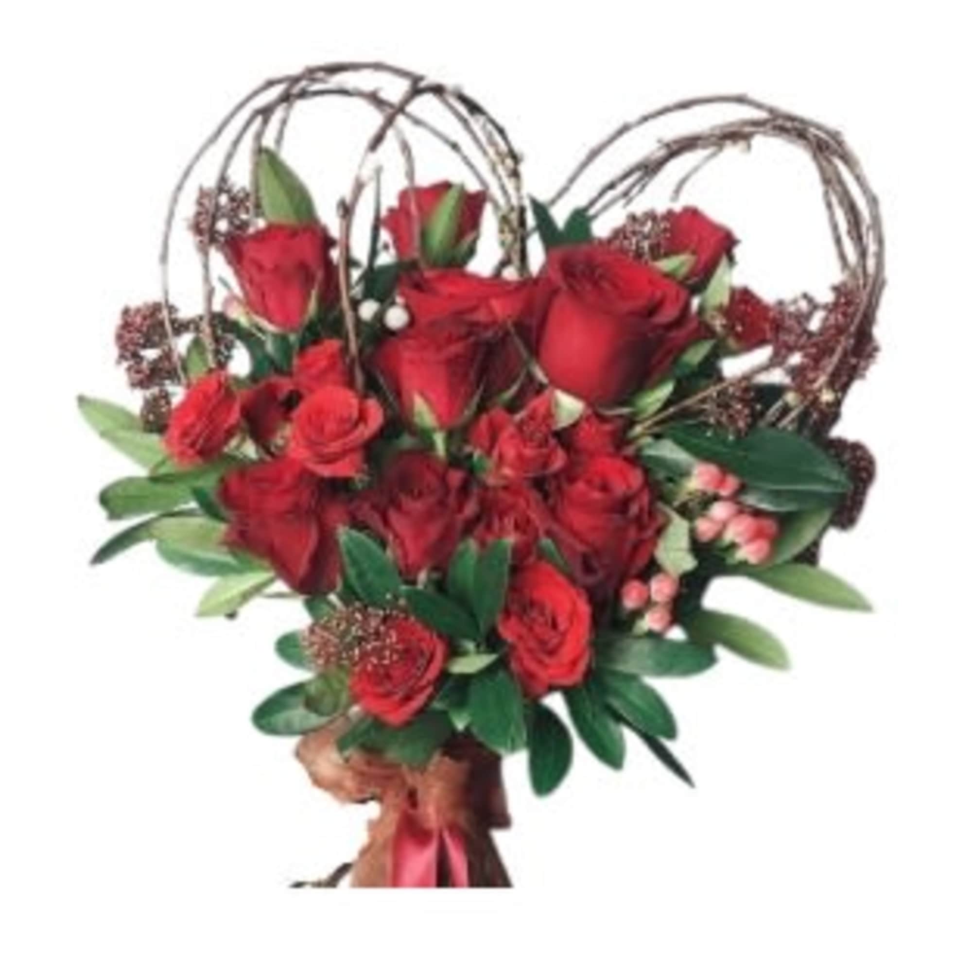 Heart-shaped arrangement of red roses and spray roses with twig loops and a ribbon-wrapped base