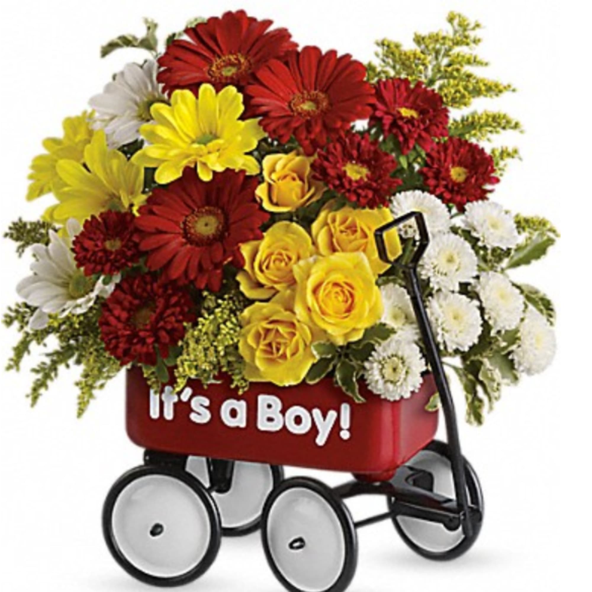 Flower arrangement in a red wagon with "It's a Boy!" text
