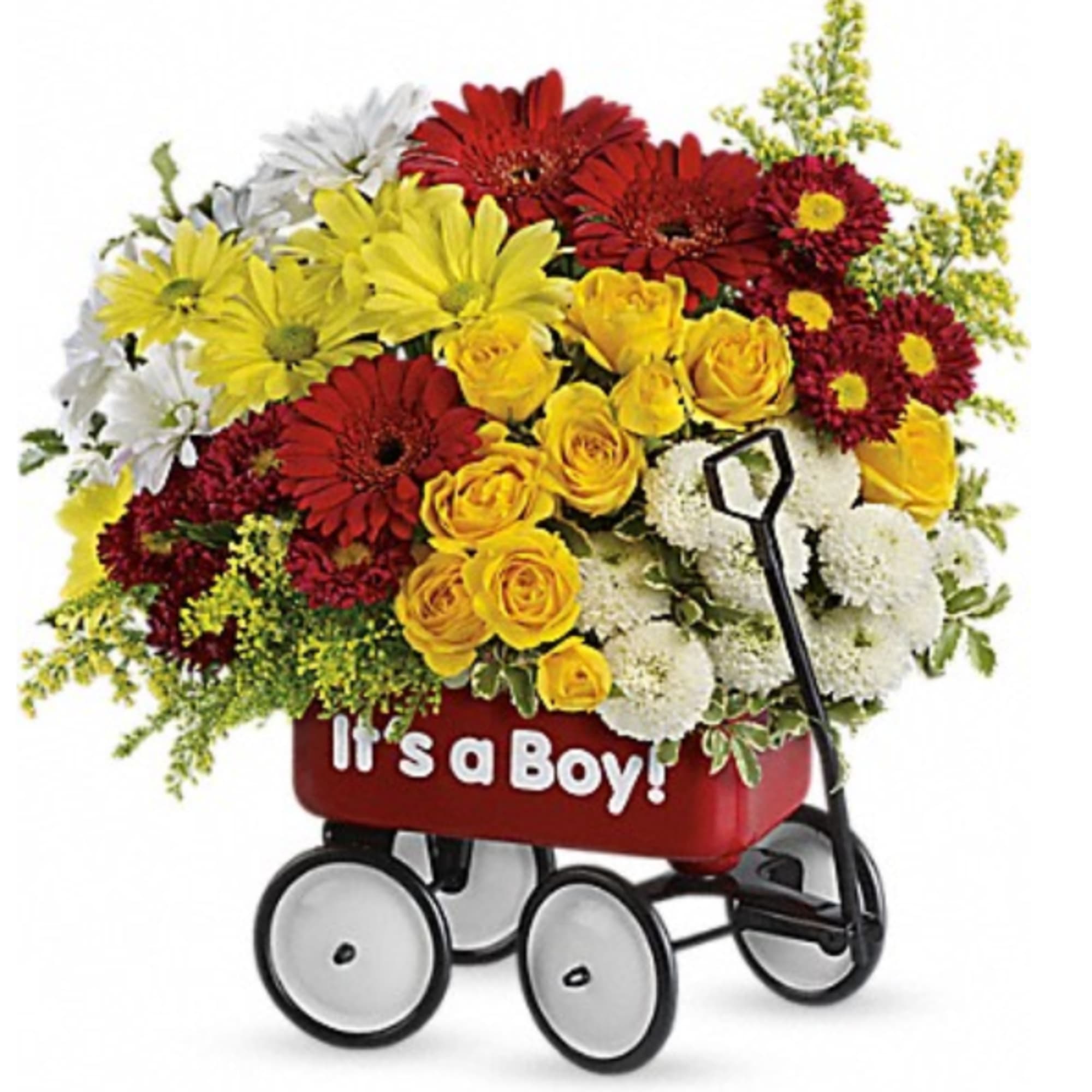 Bouquet in a red wagon with yellow, red, and white flowers
