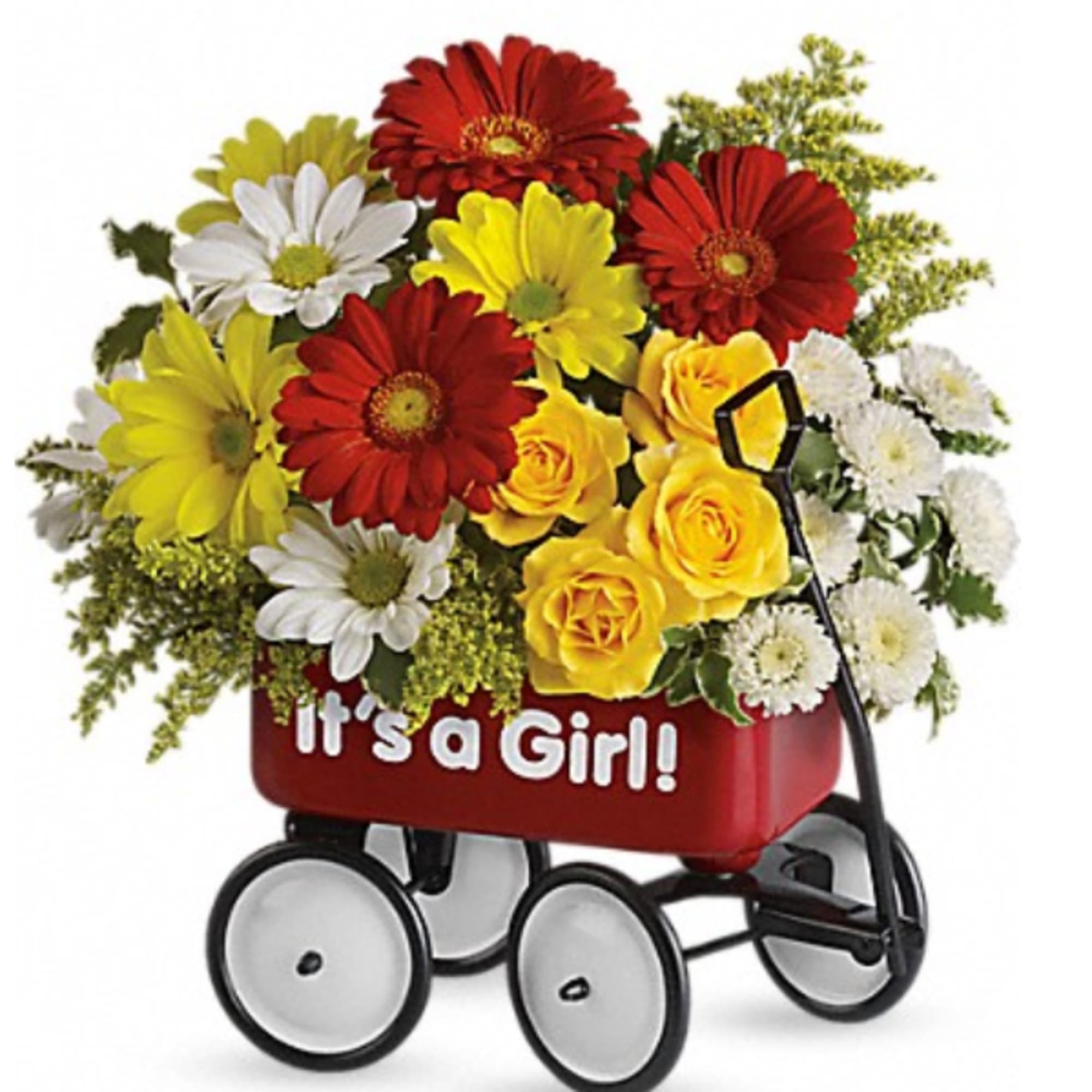Flower arrangement in a red baby carriage with "It's a Girl!" text