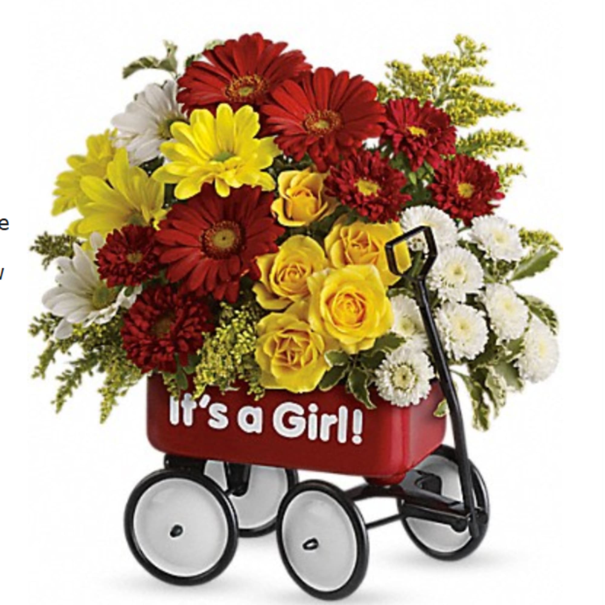 Bouquet in a red wagon with "It's a Girl!" text