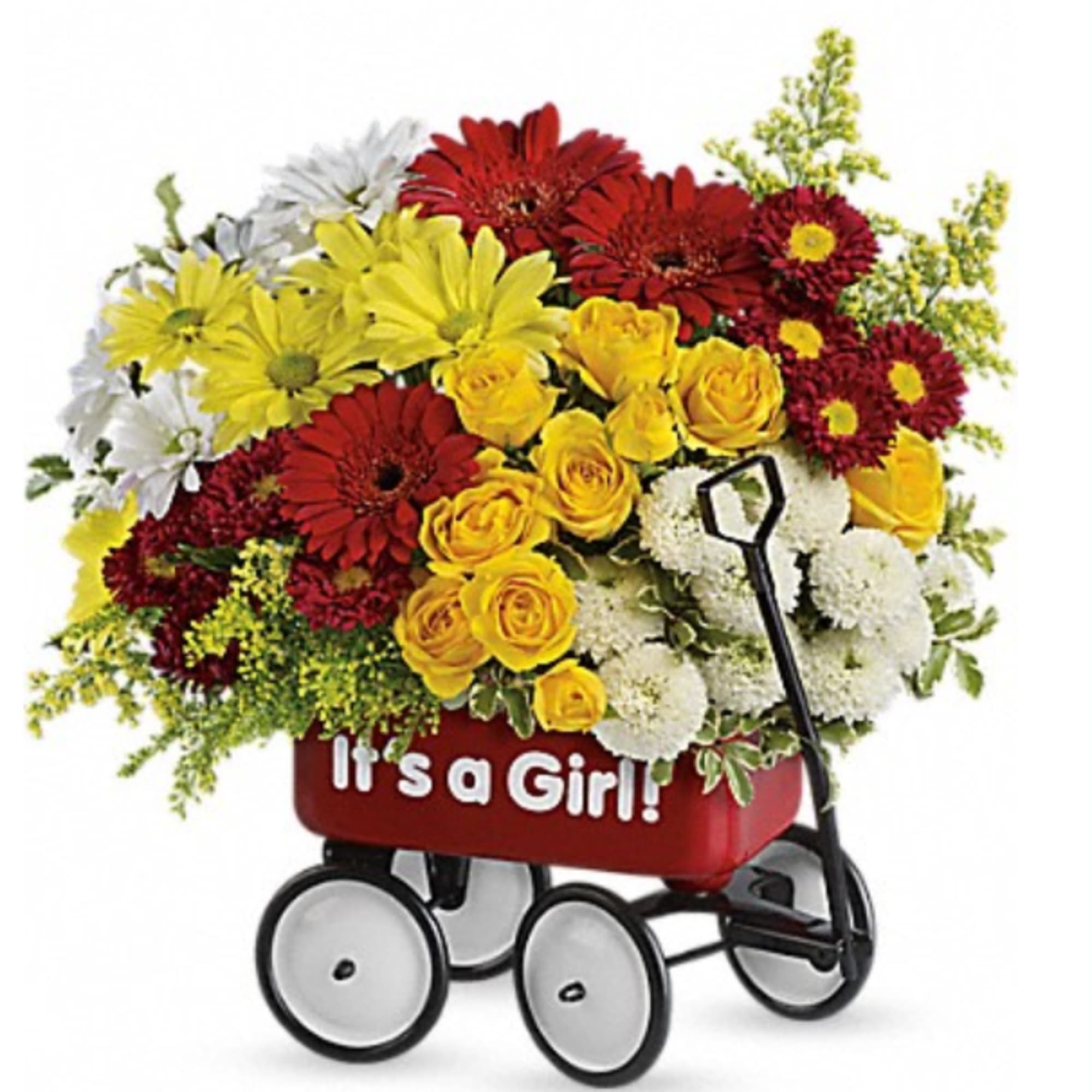 Bouquet in a red baby carriage with "It's a Girl!" text