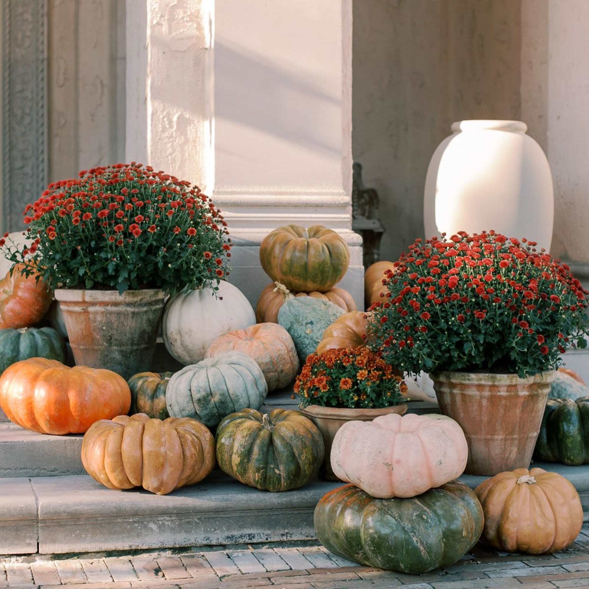 Potted red mums arranged among decorative pumpkins on steps