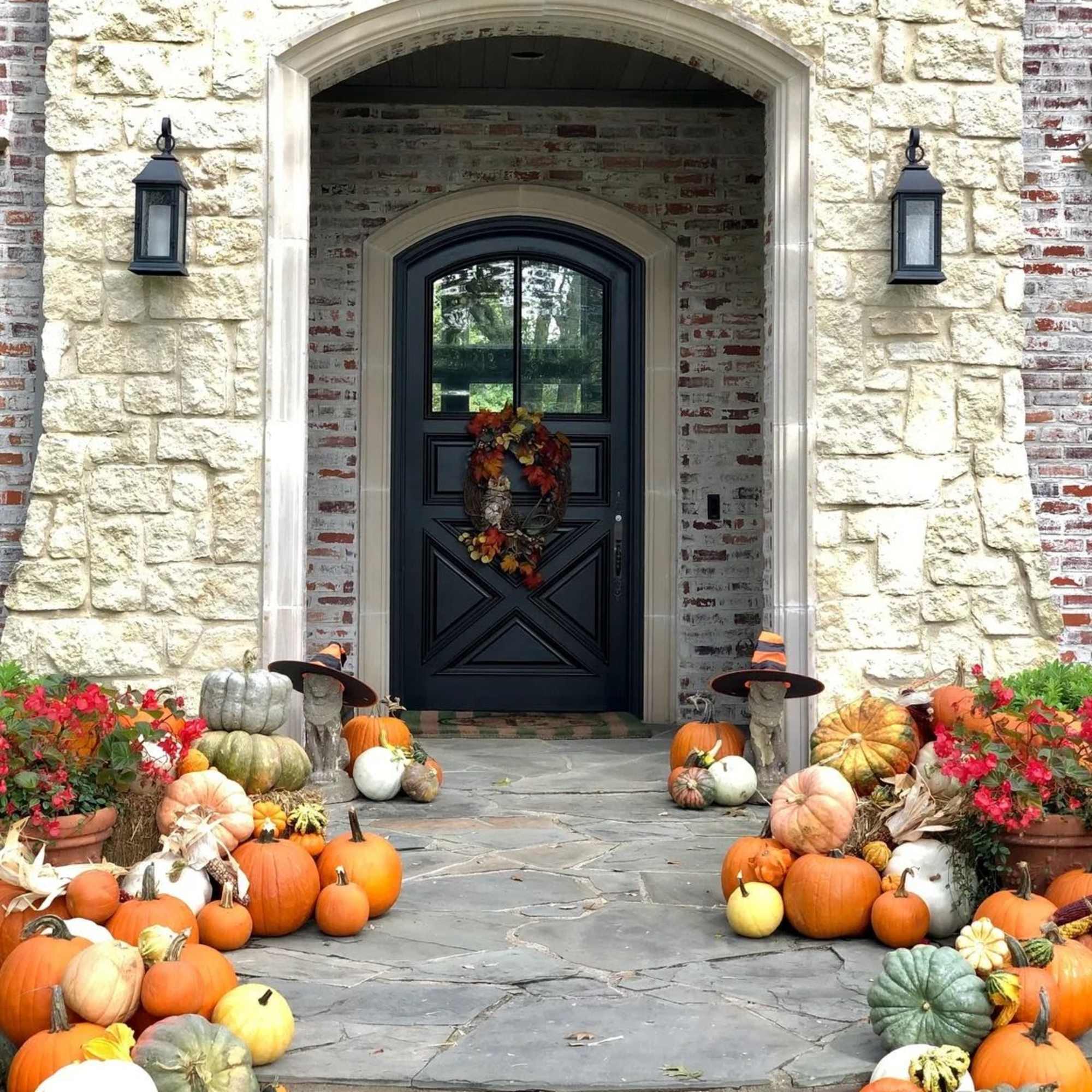 Front porch decorated with pumpkins, fall flowers, and a wreath on the door