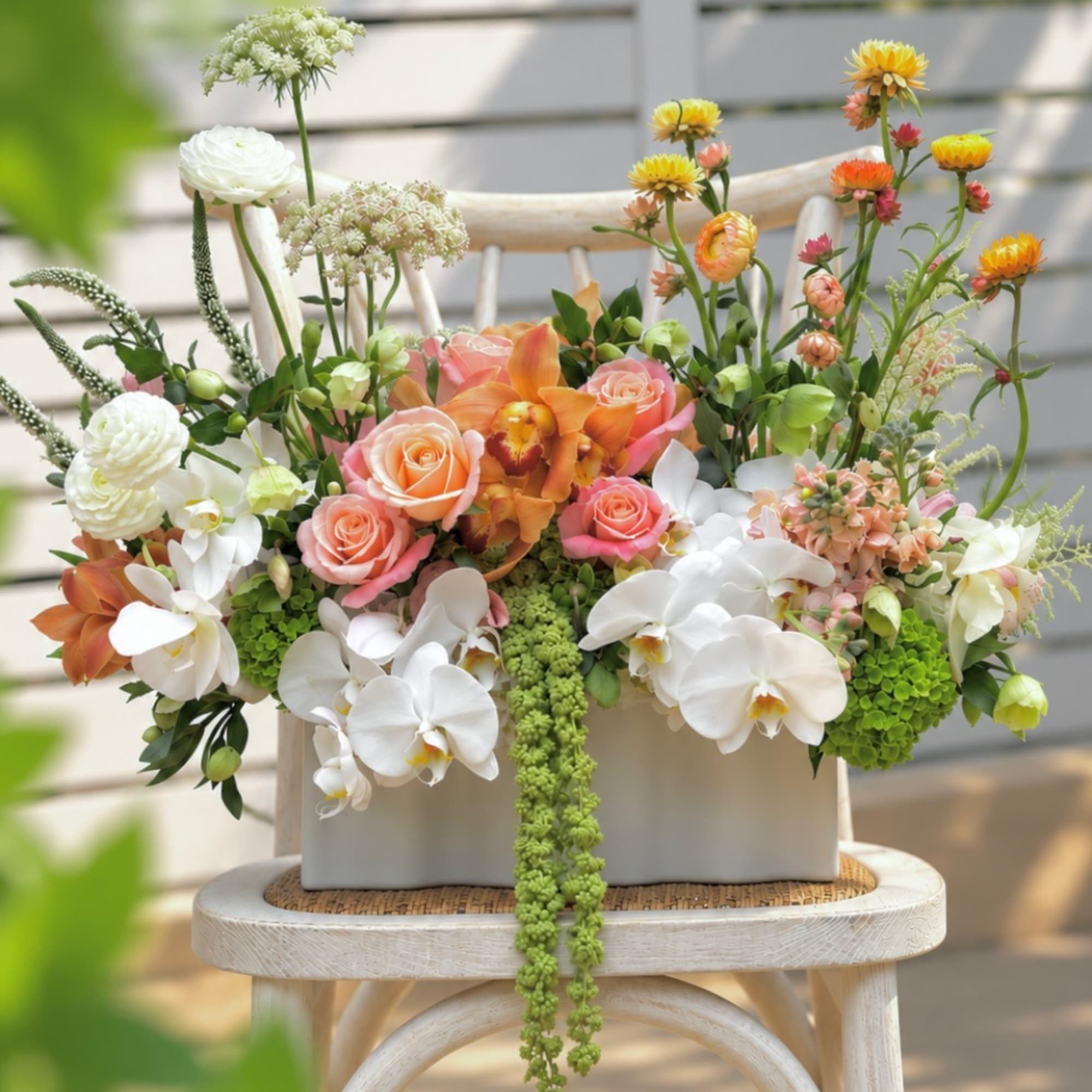 Mixed floral arrangement in a white rectangular vase with white orchids and peach roses
