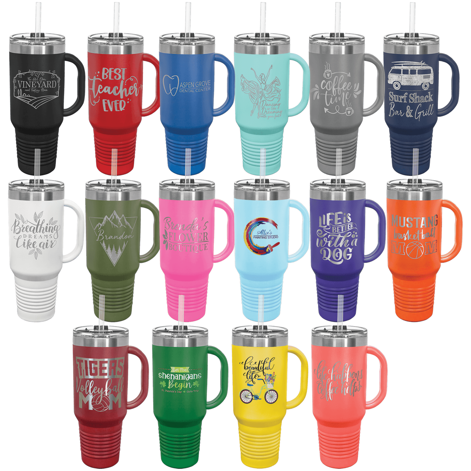 Assorted insulated tumblers with handles and straws in multiple colors