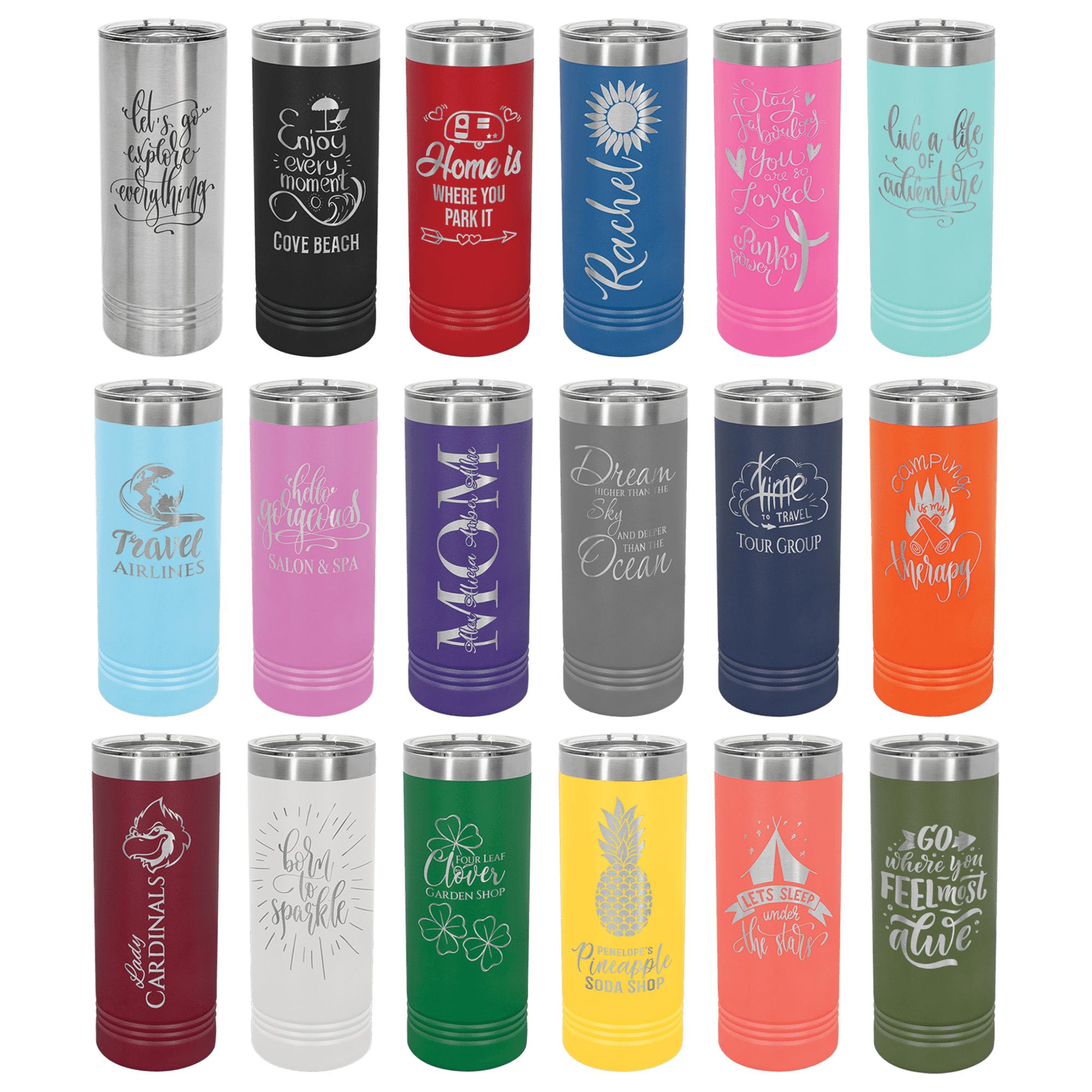 Assorted insulated tumblers with printed sayings in multiple colors