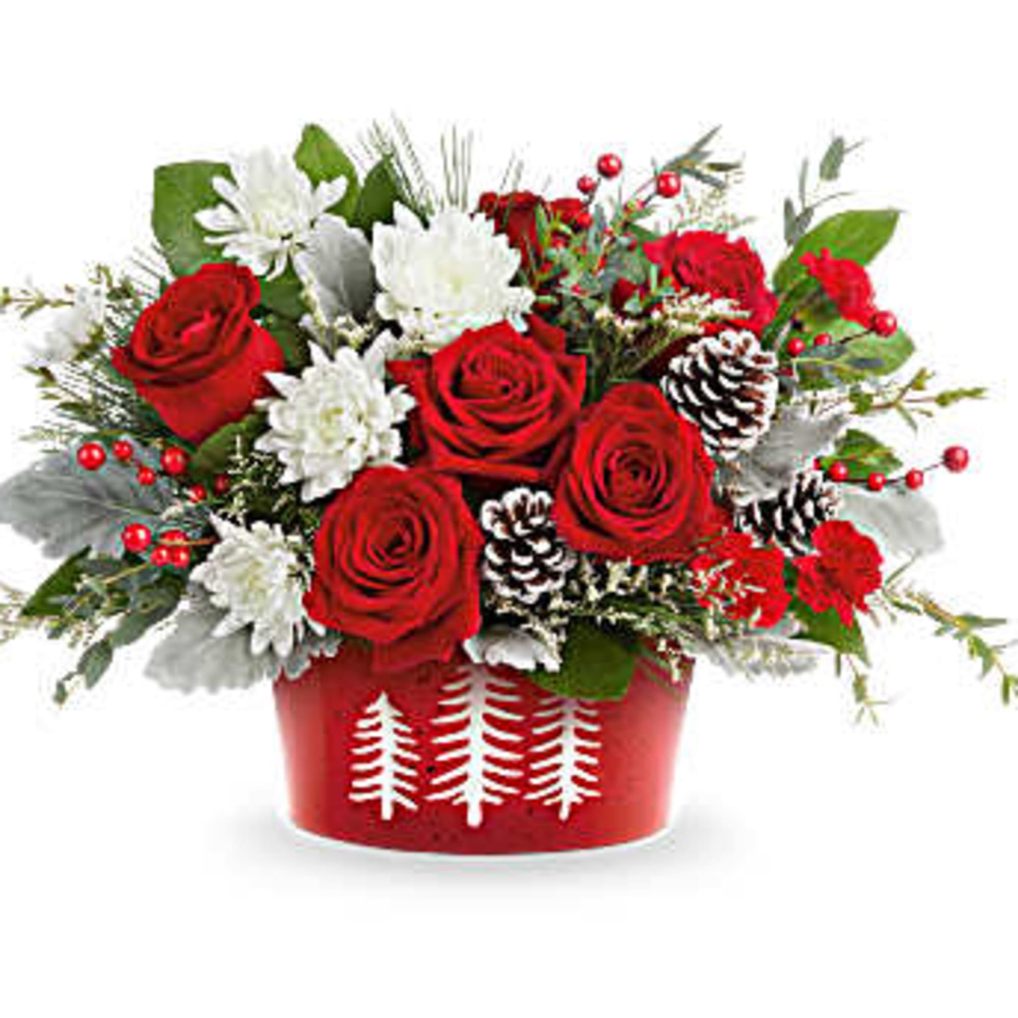 Red roses and white flowers in a red holiday container