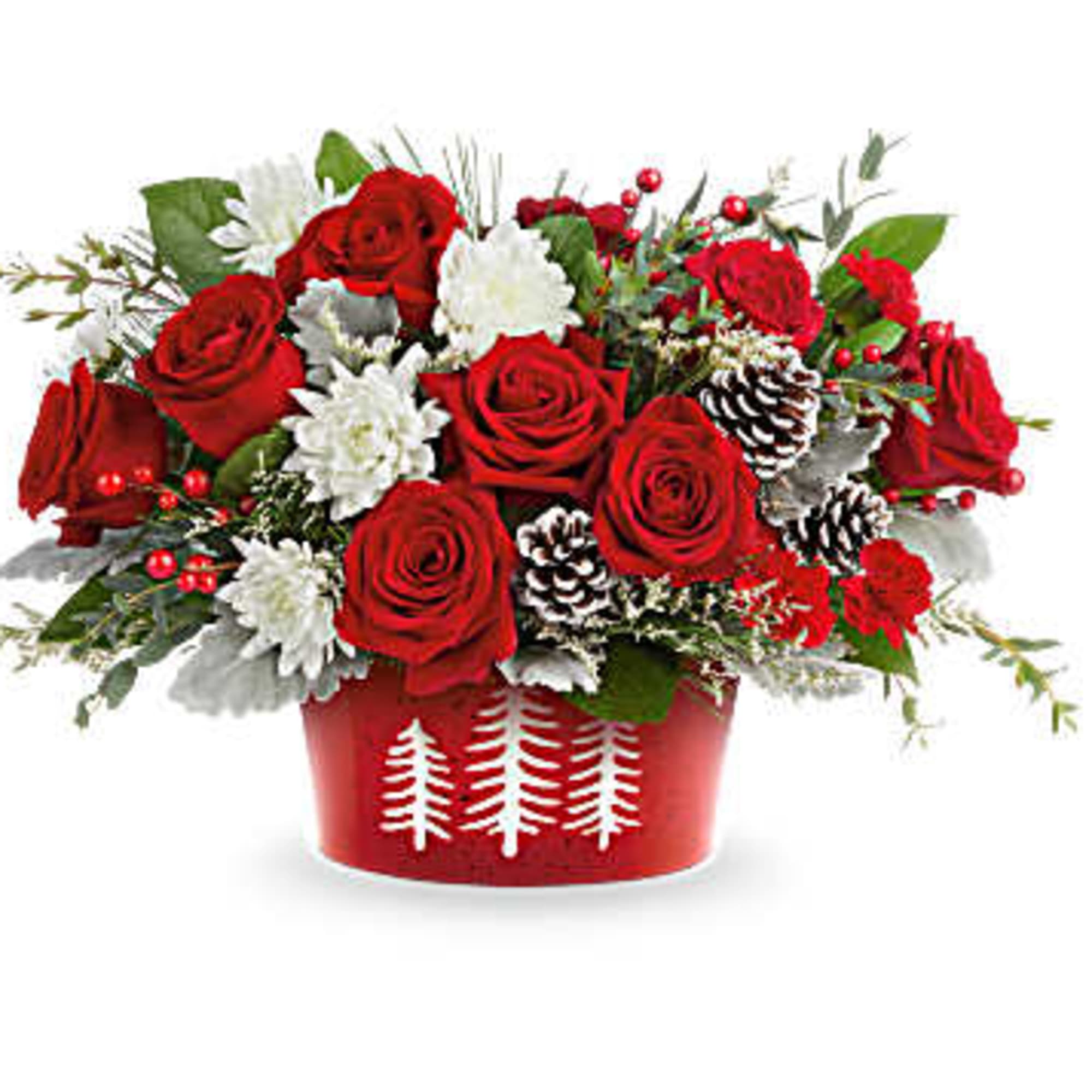 Red roses and white flowers in a red holiday container