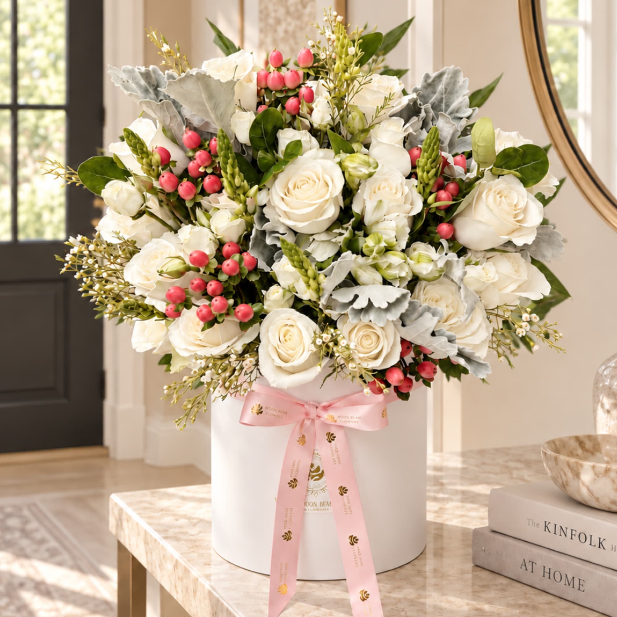 White rose arrangement in a white hat box with a pink ribbon