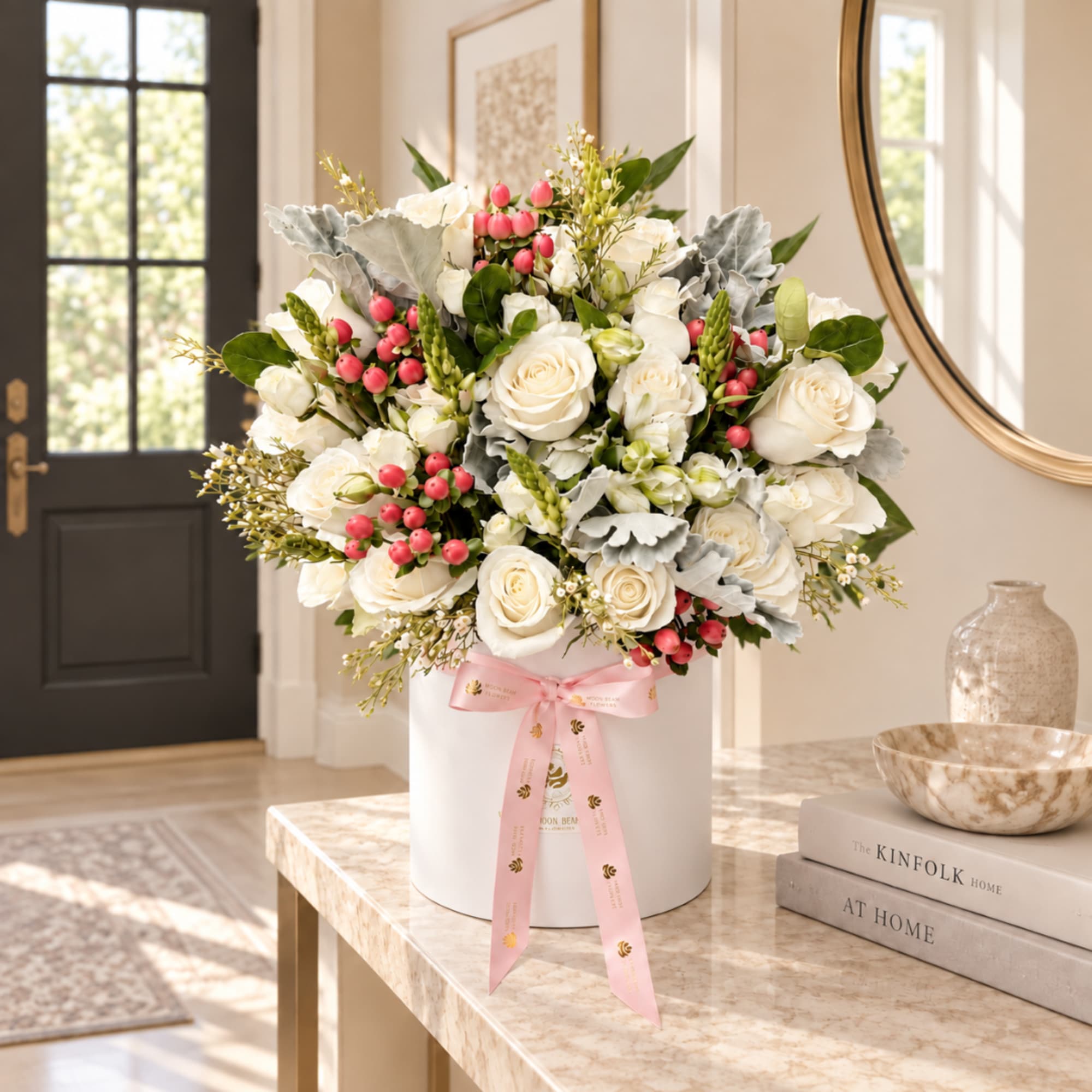 White rose arrangement in a white hat box with a pink ribbon, photo 2 of 3