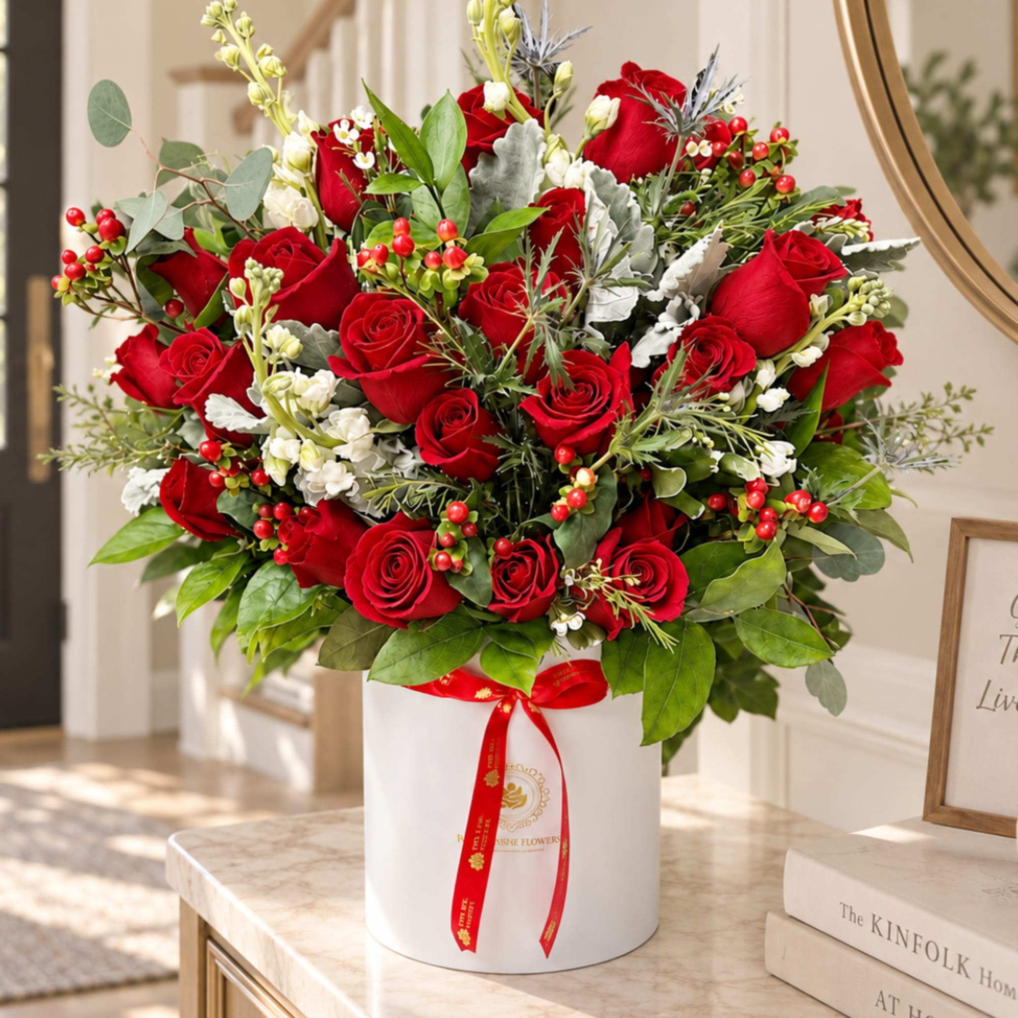 Large red rose arrangement in a white hatbox with a red ribbon