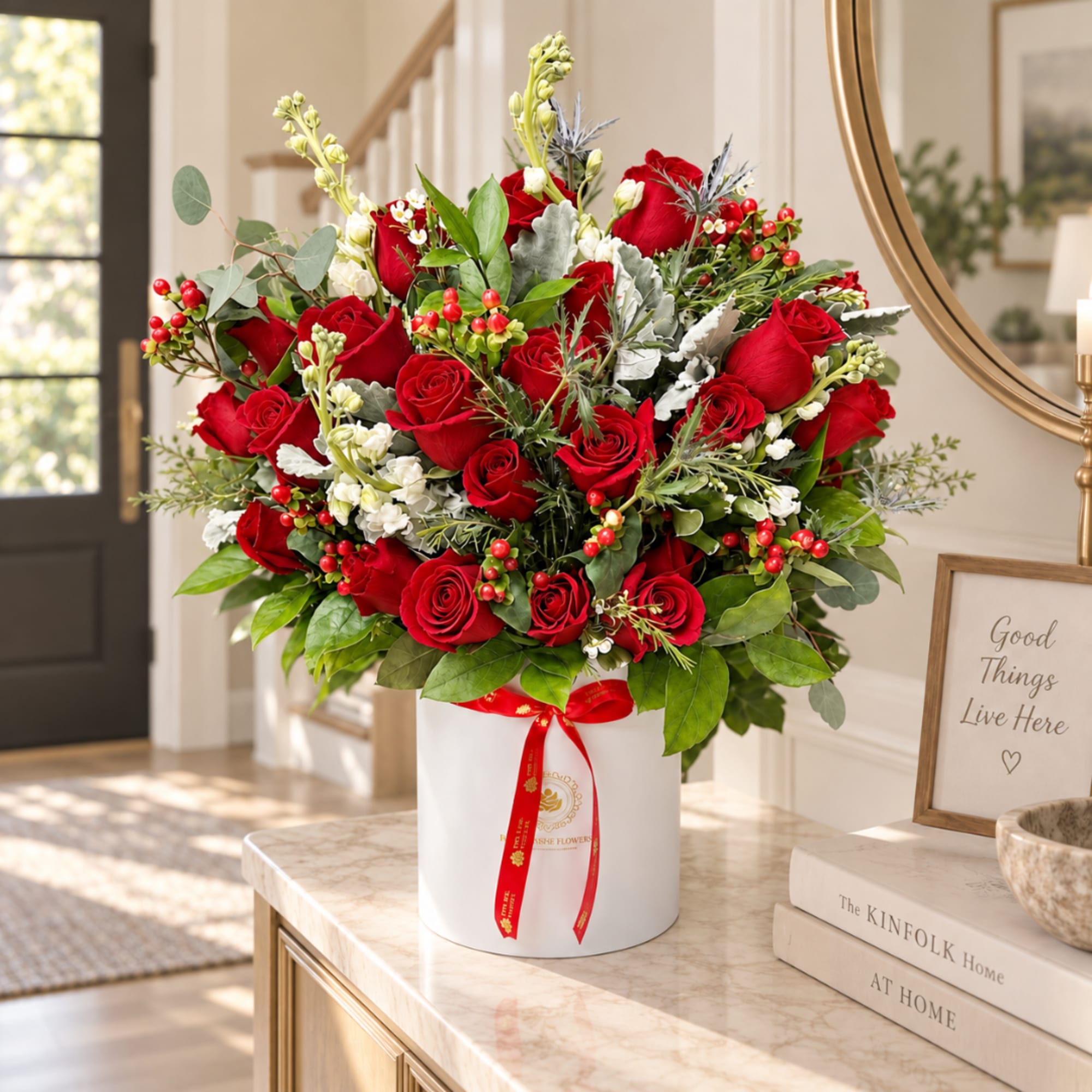 Red roses arranged in a white hatbox with a red ribbon