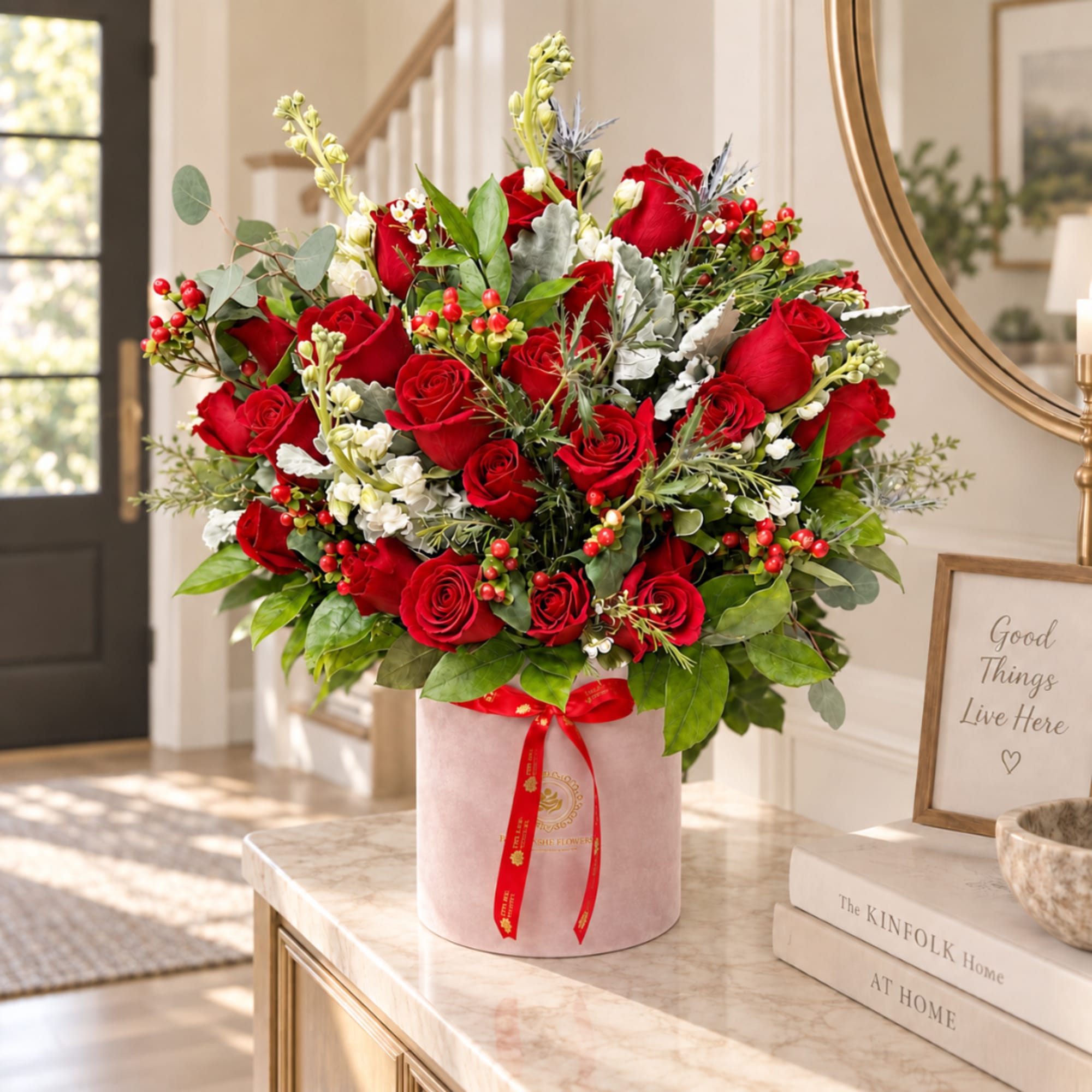 Red rose arrangement in a pink hatbox with a red ribbon