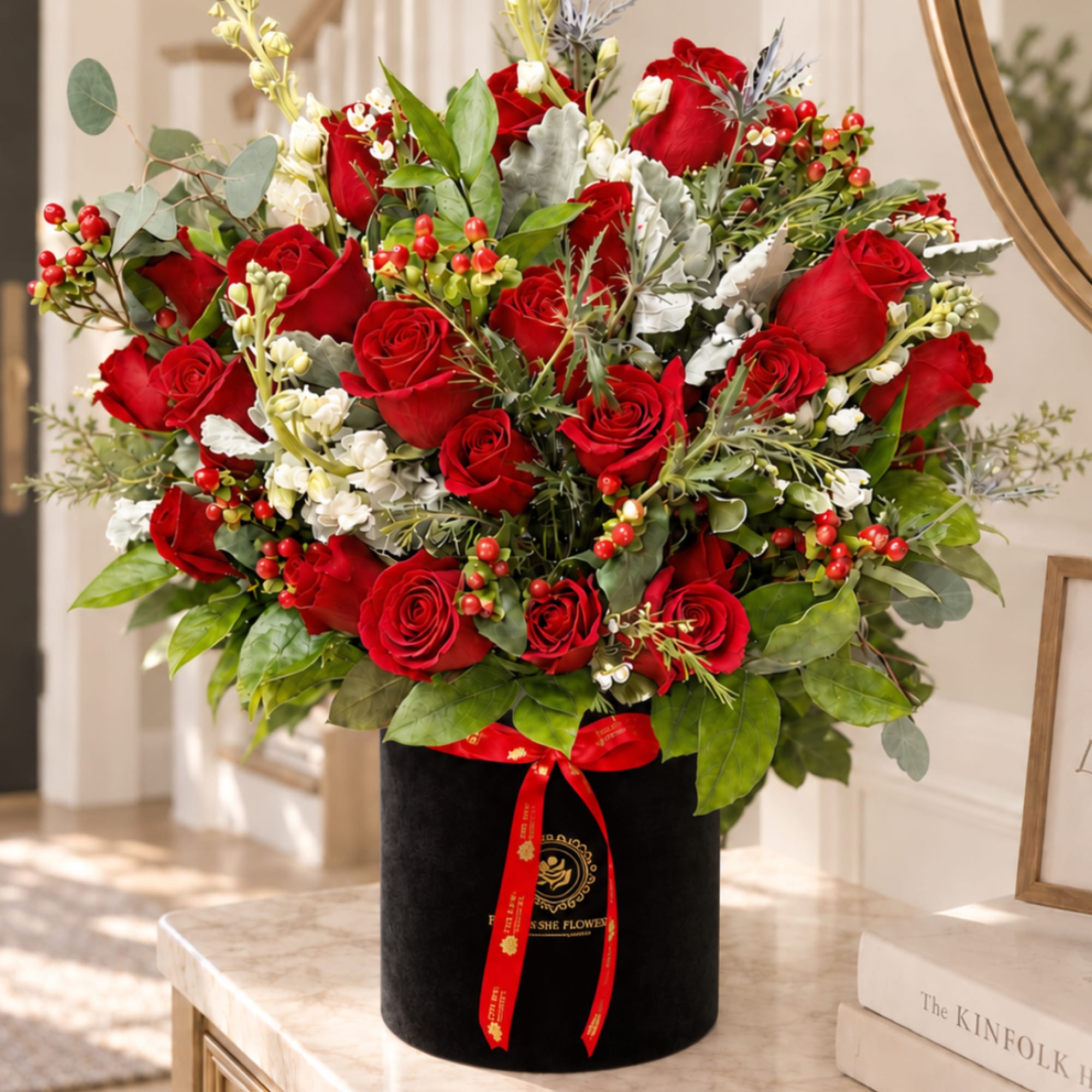 Large bouquet of red roses in a black hatbox with a red ribbon