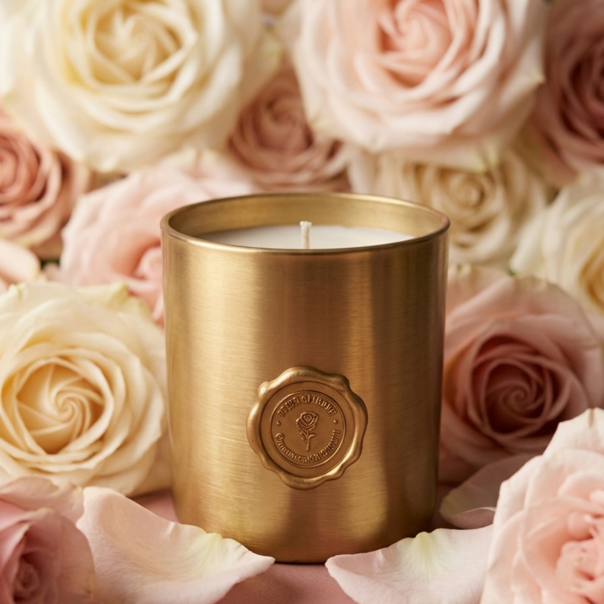 Gold candle surrounded by blush and cream roses