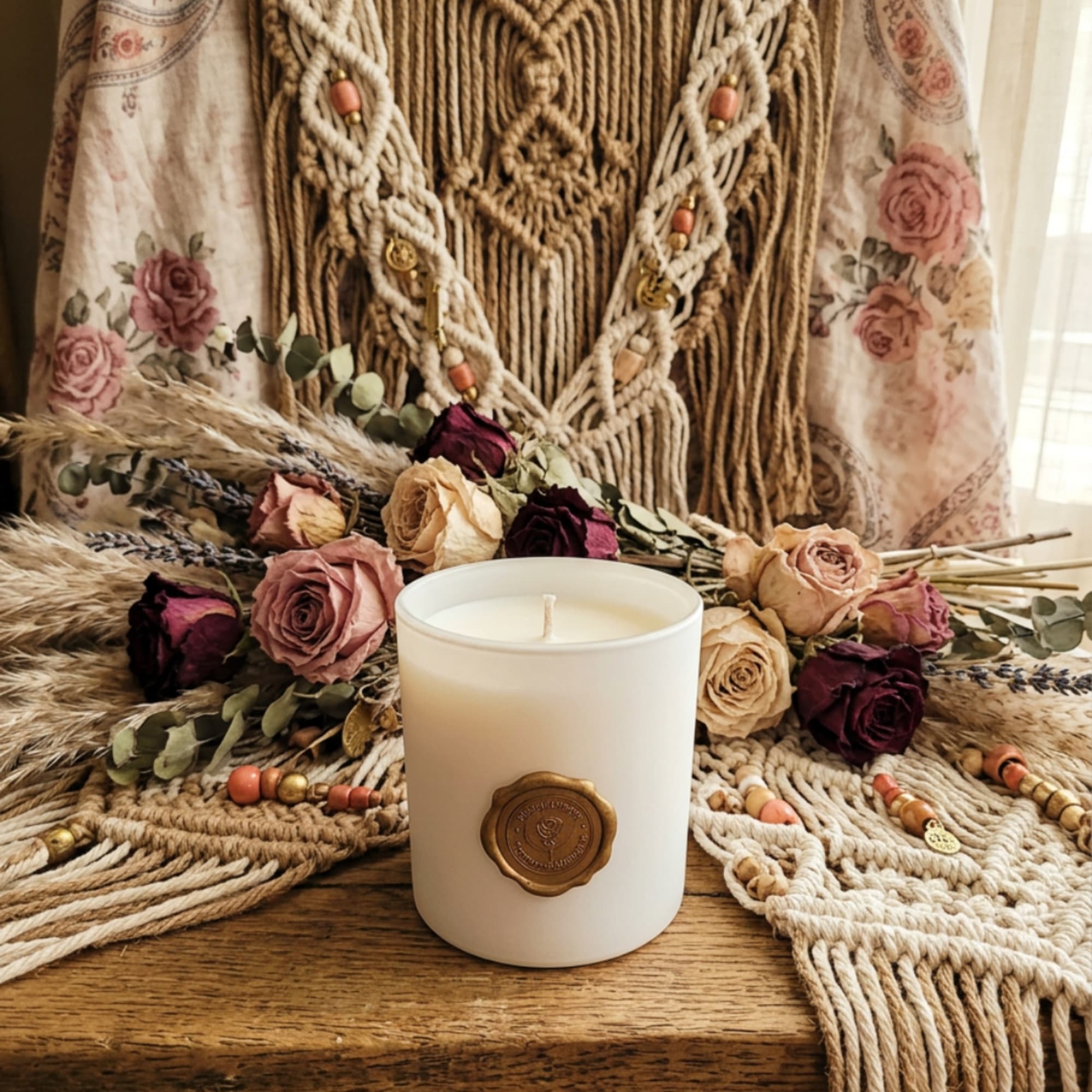 White candle with dried roses and pampas grass on a woven textile