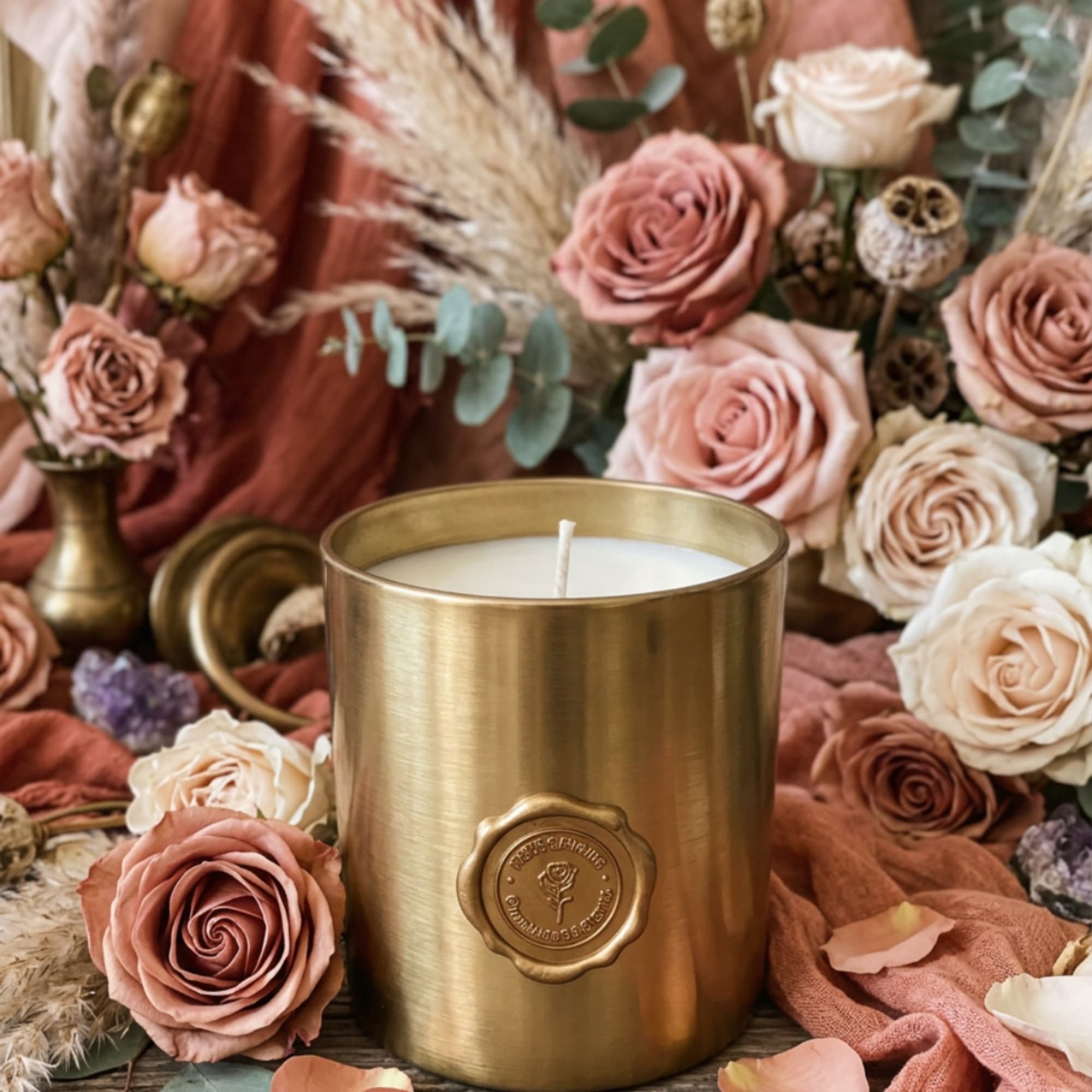 Gold candle in a metal container surrounded by blush roses and dried florals
