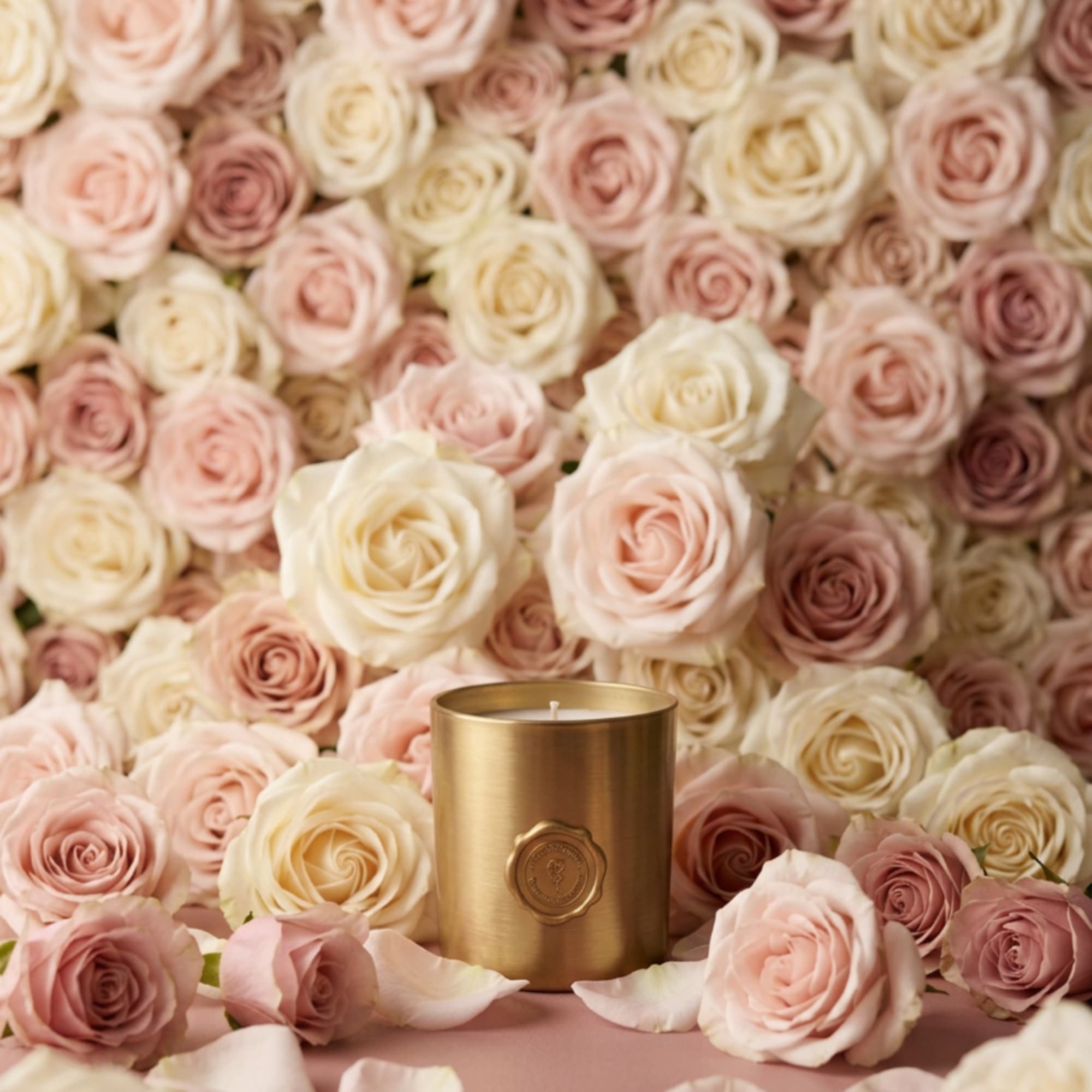 Pink and cream roses surround a gold candle tin