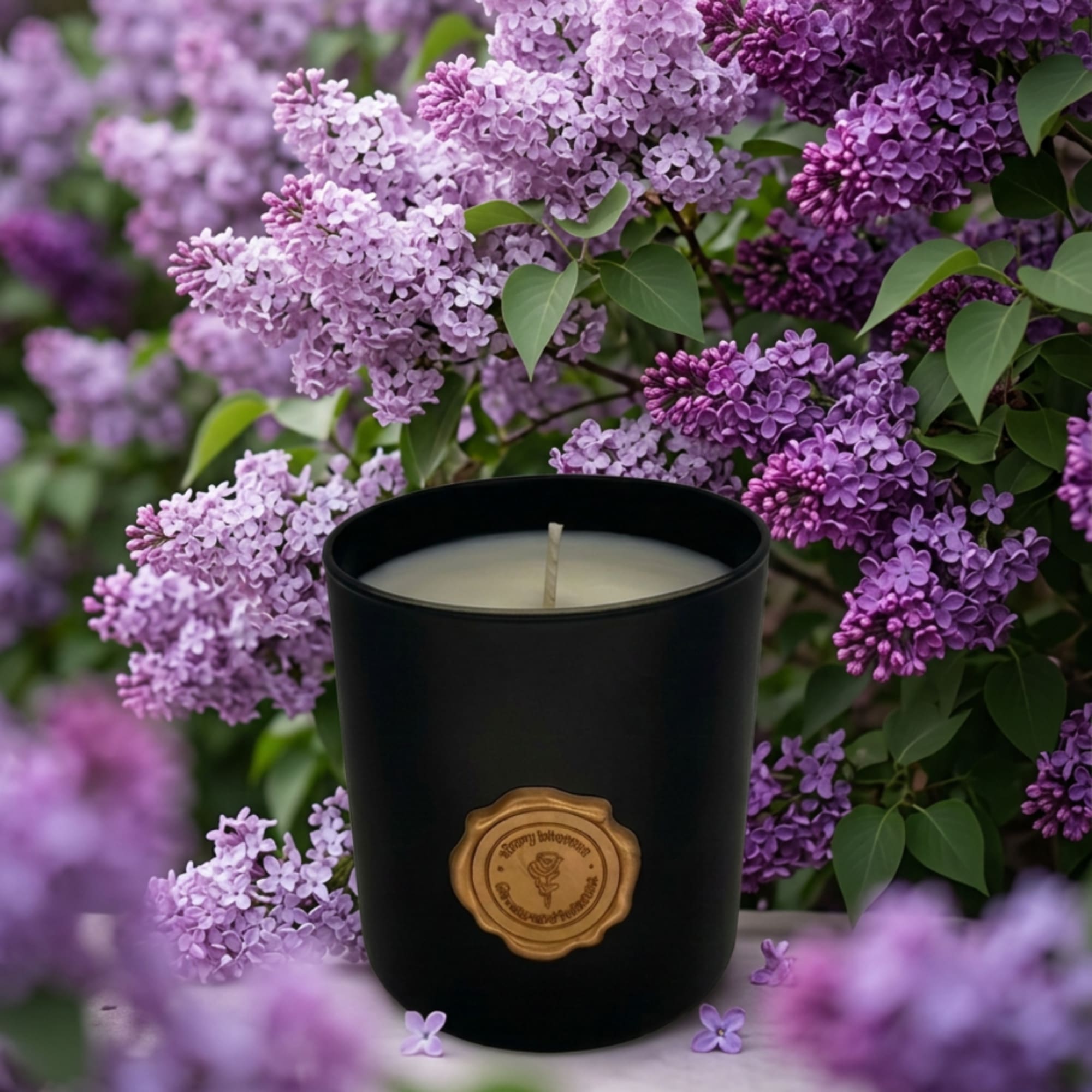 Black candle in a matte jar surrounded by purple lilac blossoms