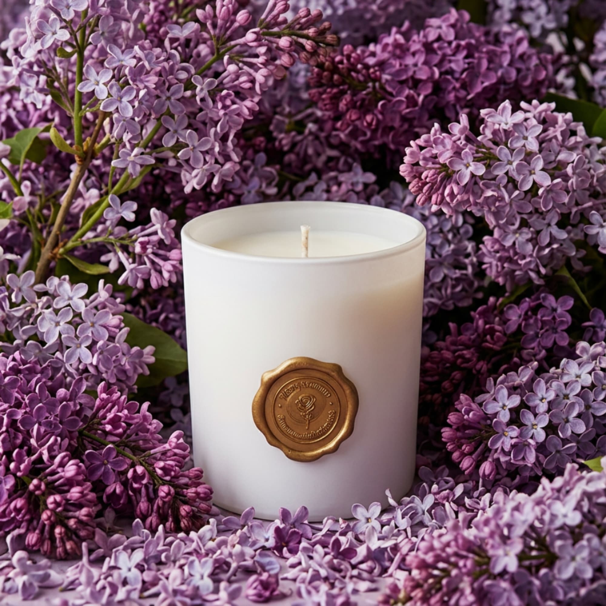 White candle surrounded by purple lilac blossoms