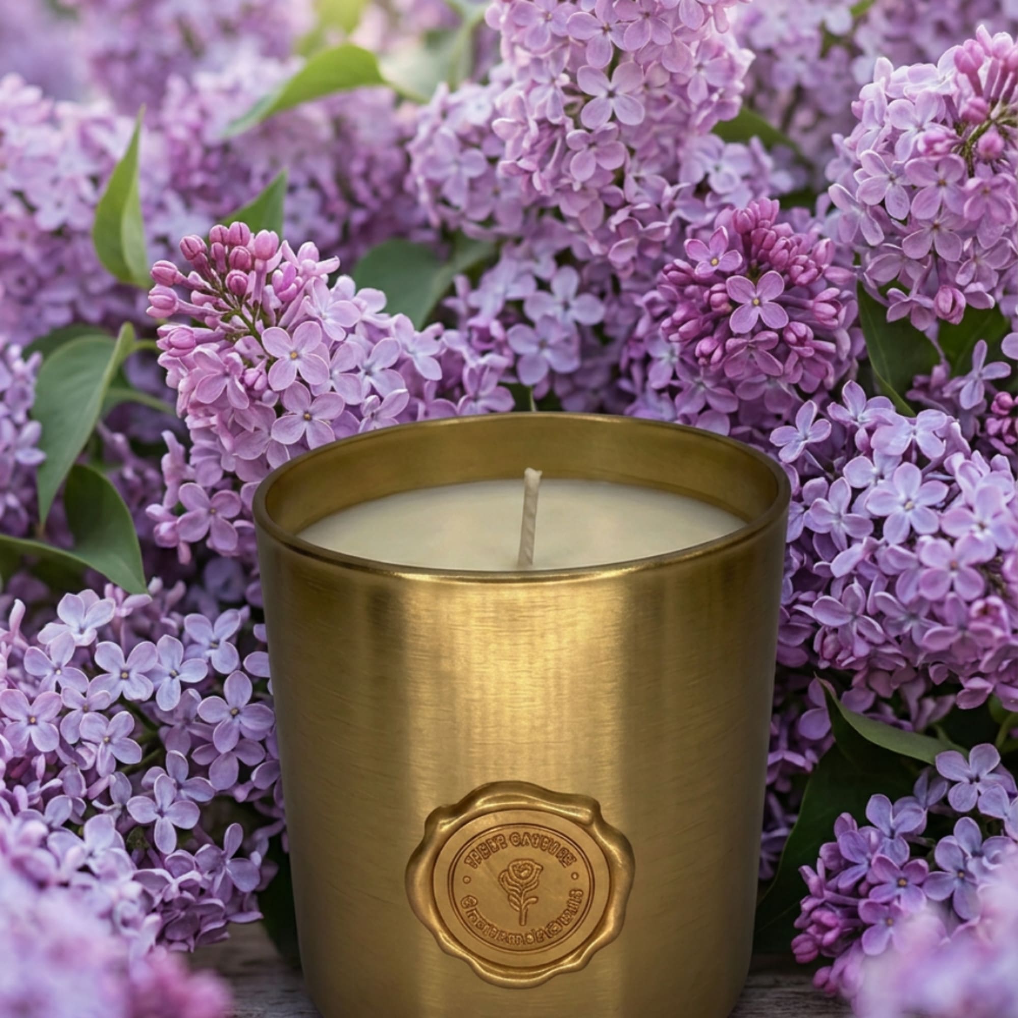 Gold candle in front of purple lilac blossoms