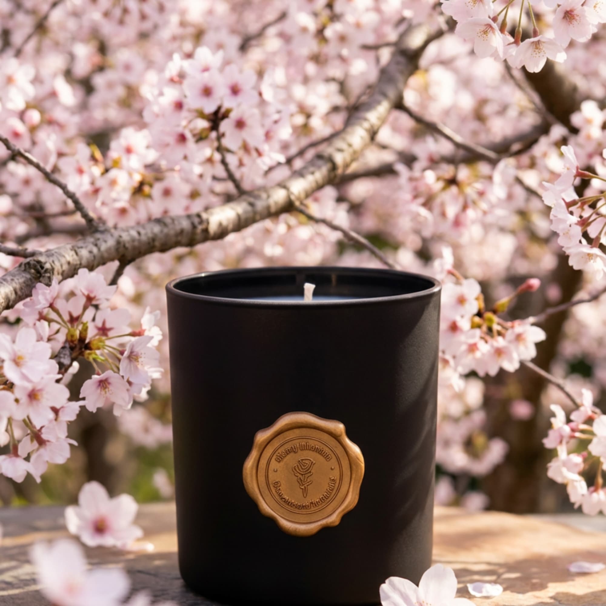 Black candle in a matte container with pink cherry blossoms behind it