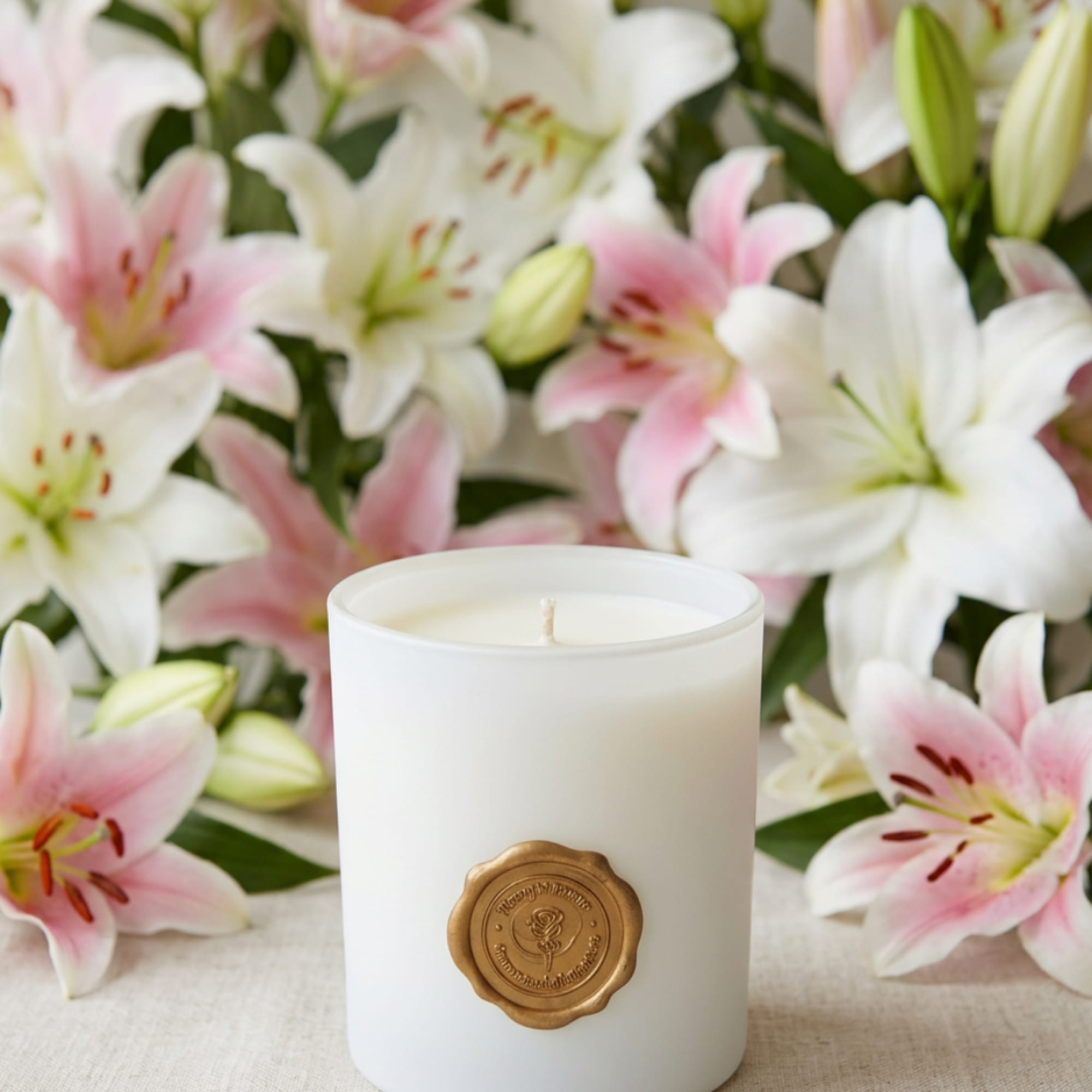 White candle in a glass jar with pink and white lilies behind it