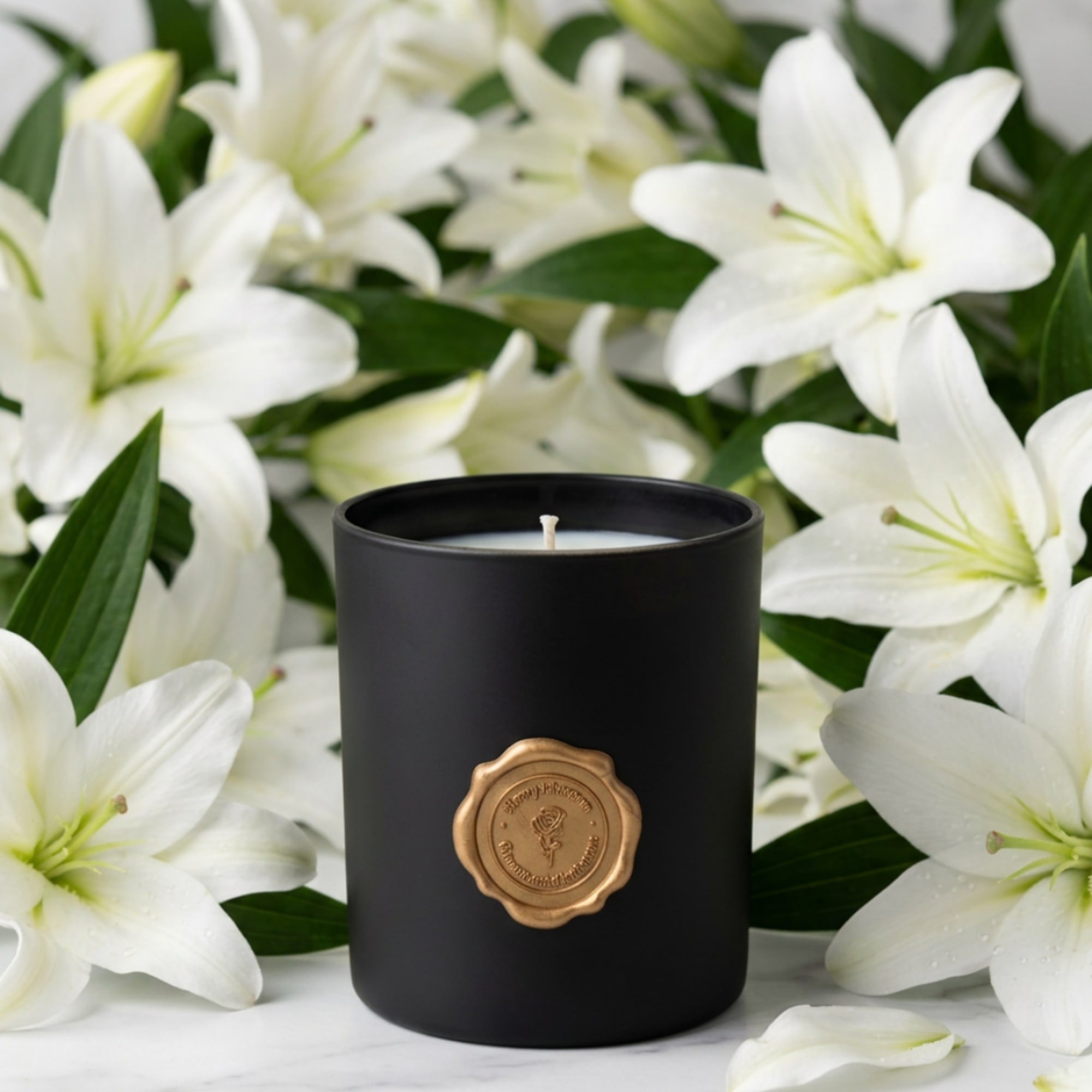 Black candle in a matte jar surrounded by white lilies