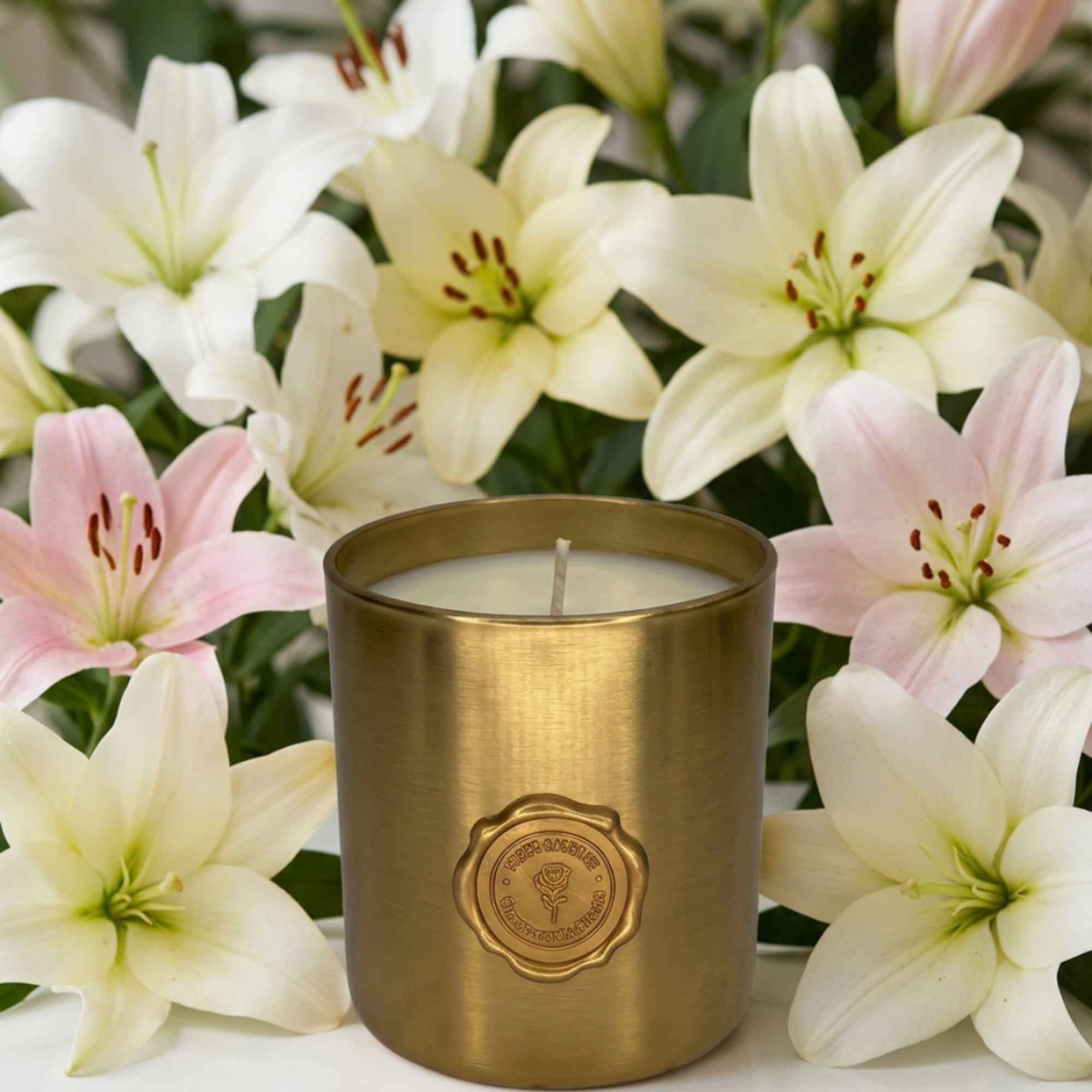 White and pale pink lilies around a gold candle tin