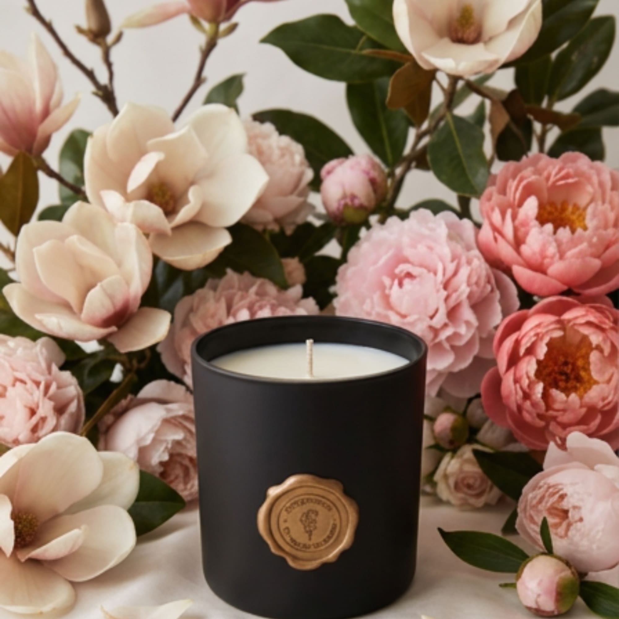 Black candle surrounded by pale pink and cream flowers