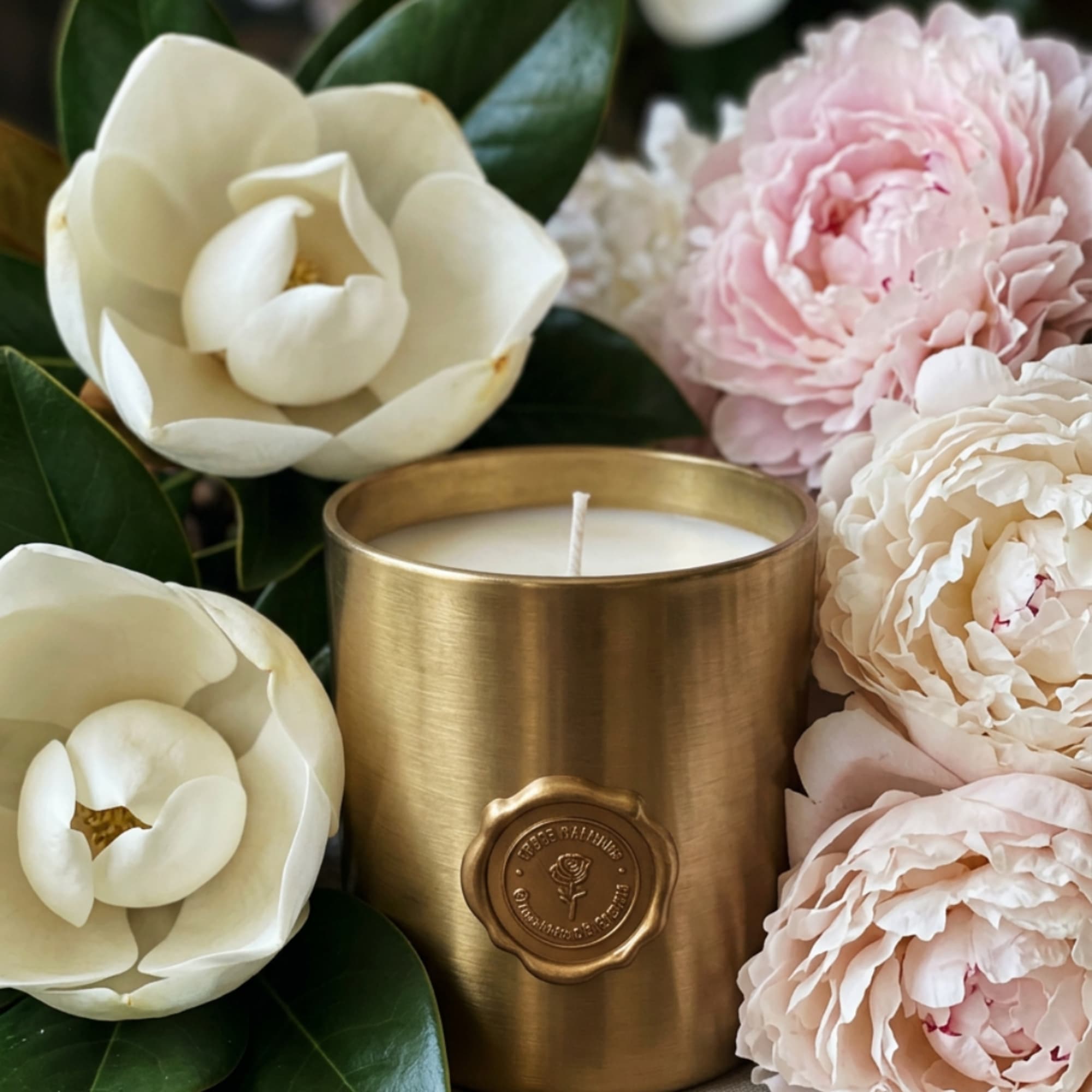 White and pink flowers arranged around a gold candle tin