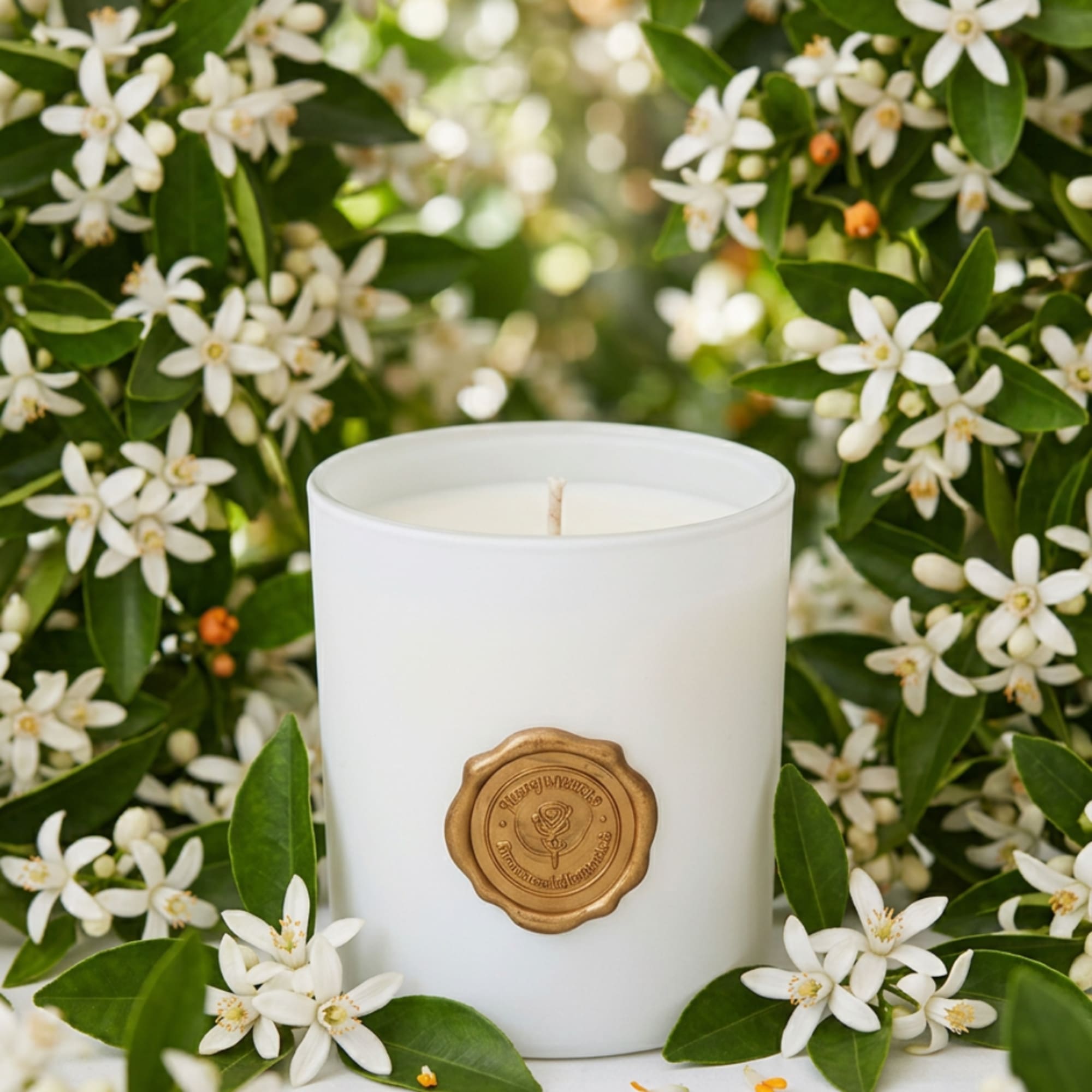 White candle in a glass container surrounded by white blossoms