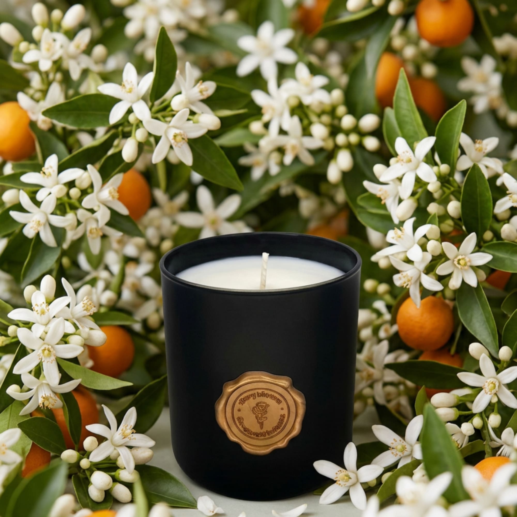 Black candle surrounded by white blossoms and small orange fruits