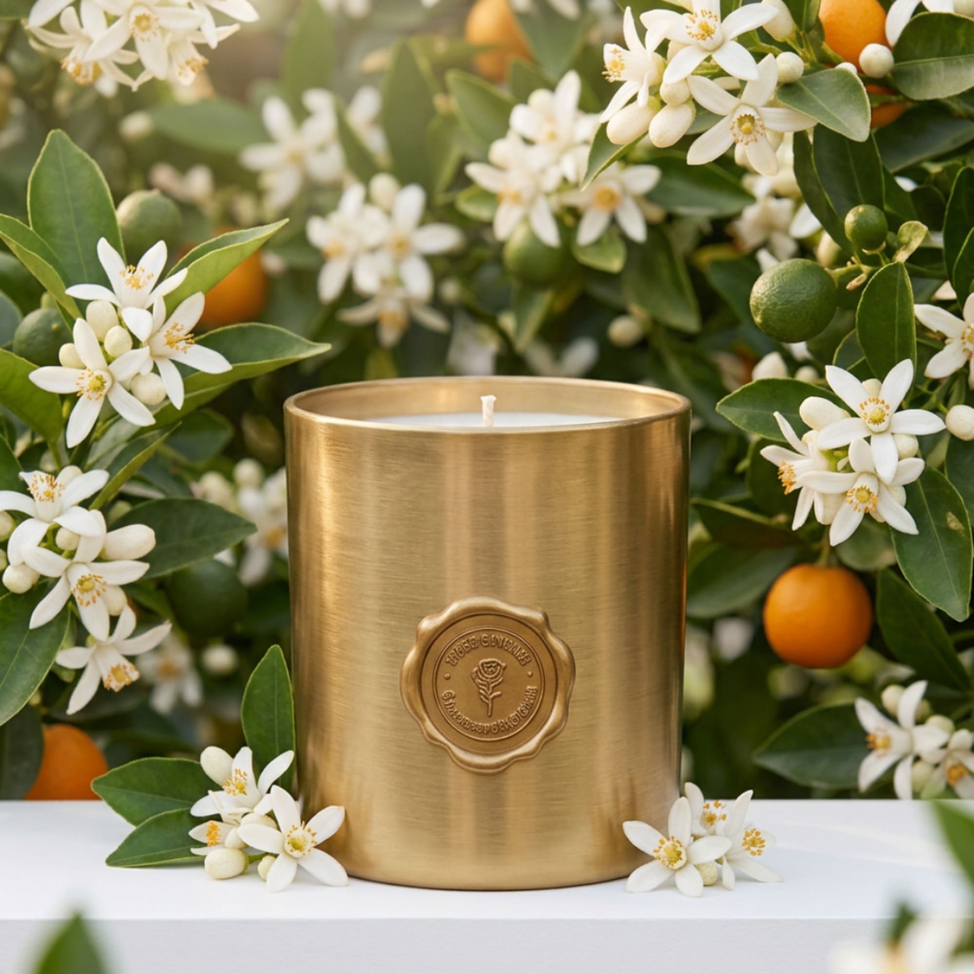 Gold candle in front of white blossoms and oranges