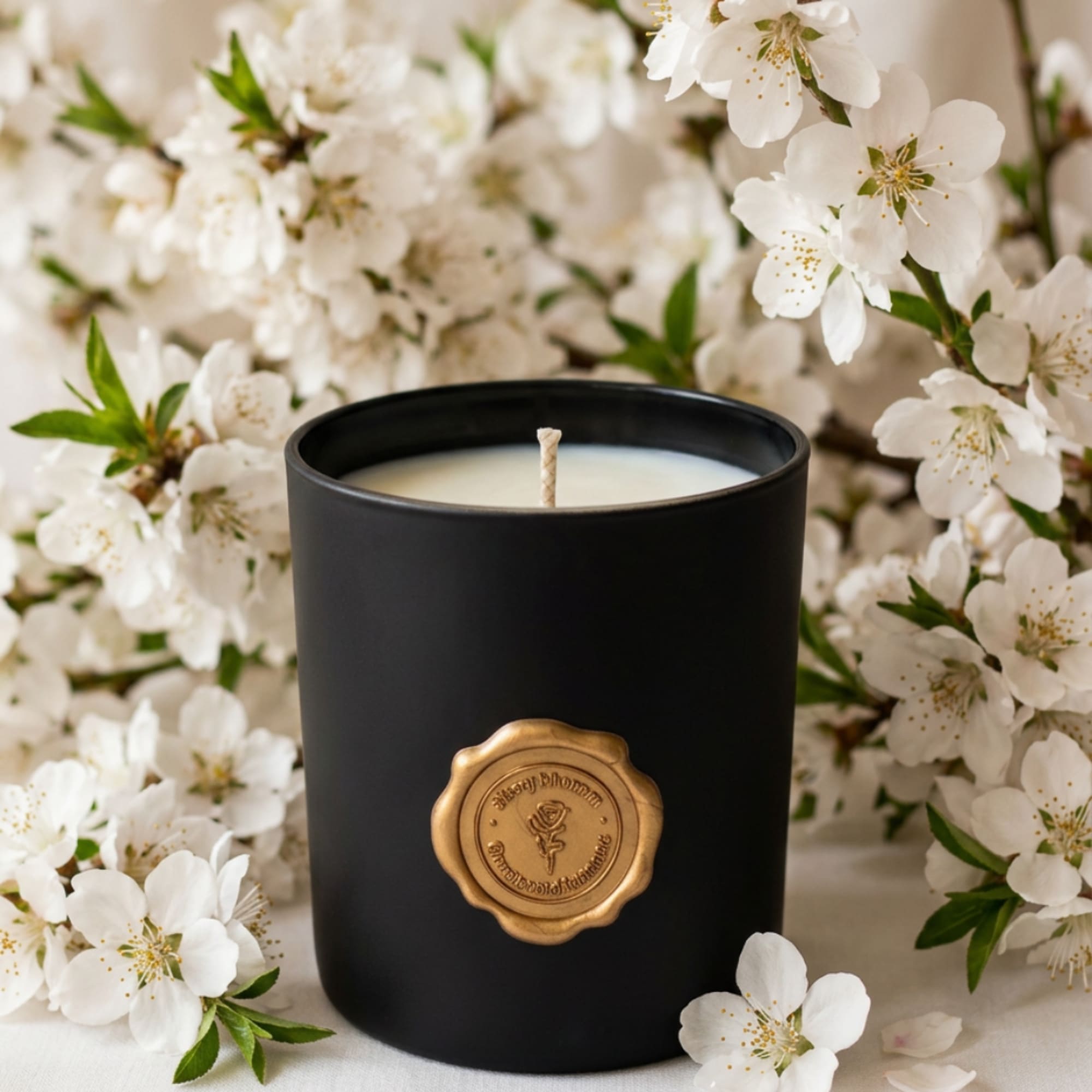 Black candle in a matte container surrounded by white blossoms