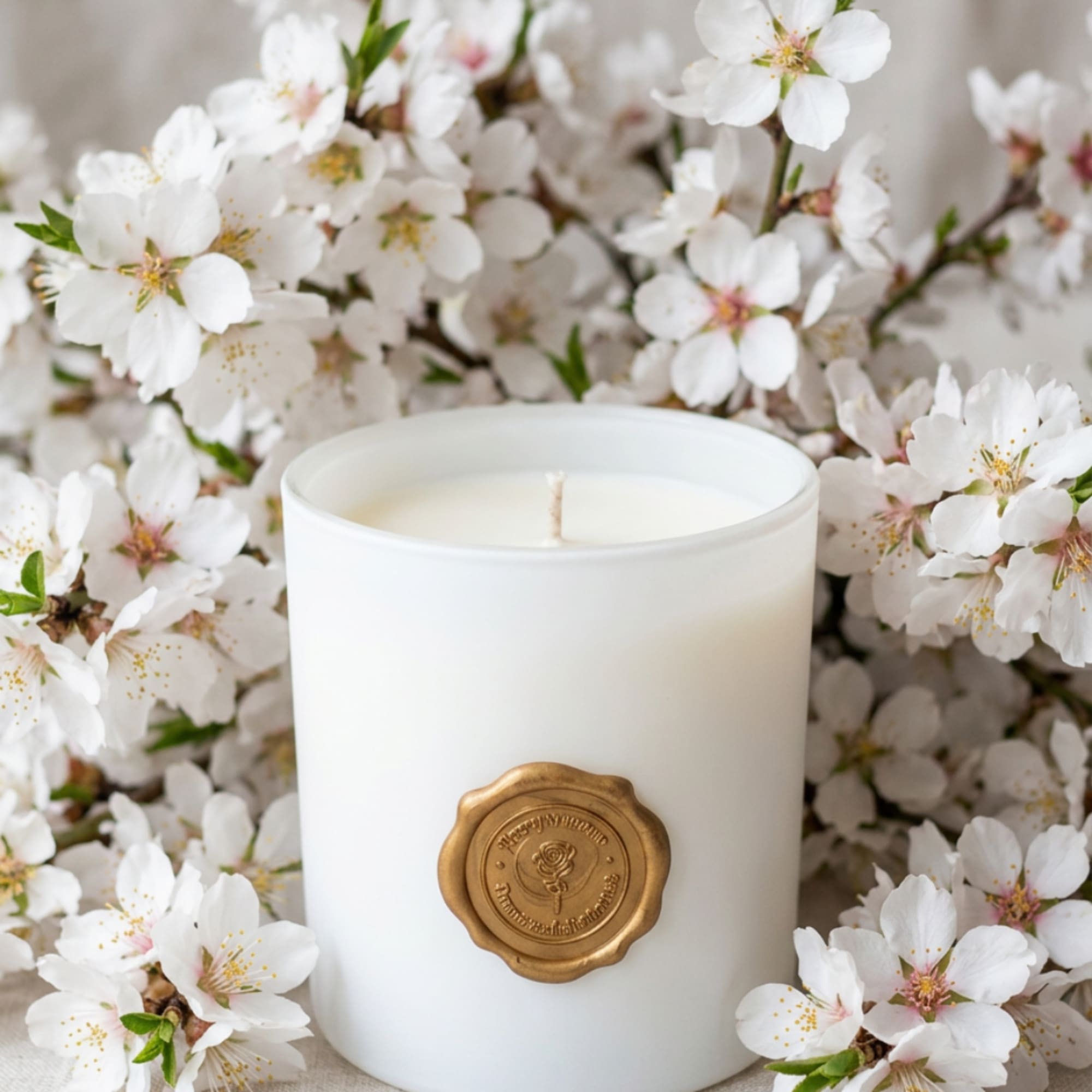 White candle in a glass jar surrounded by white blossoms