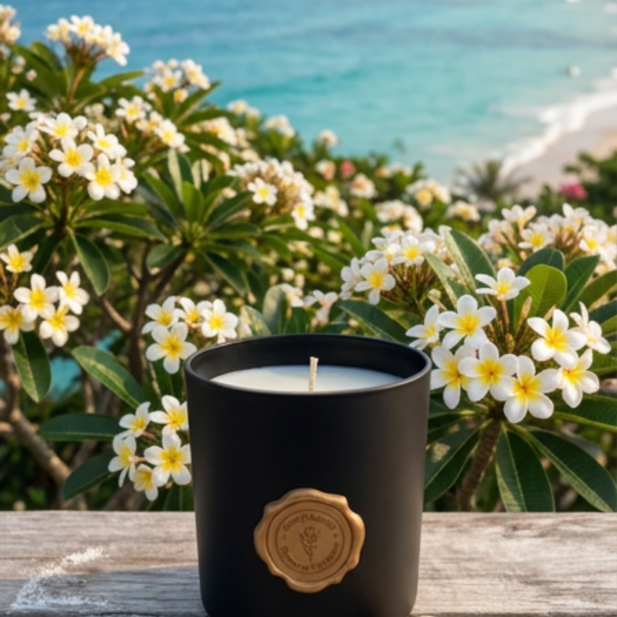 Black candle in a matte container with white flowers in the background