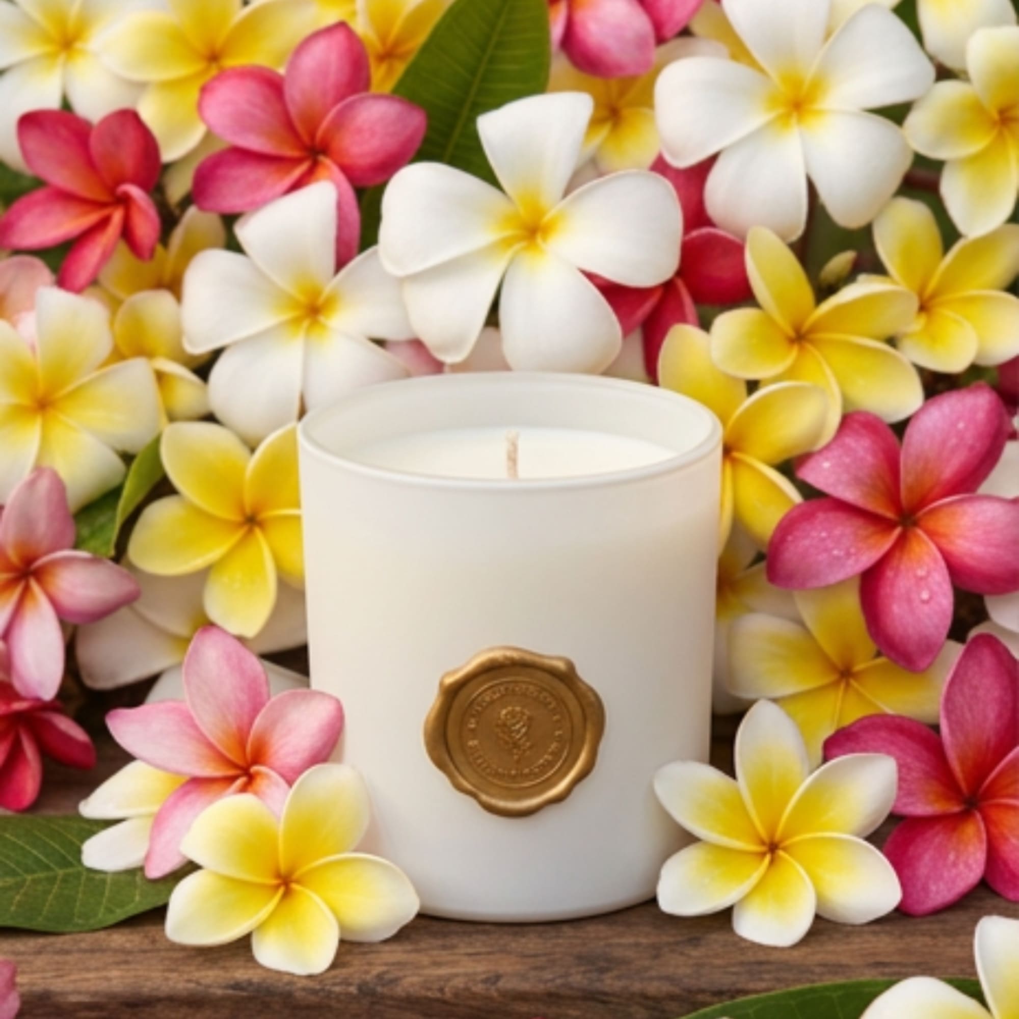 White candle surrounded by pink, yellow, and white plumeria flowers