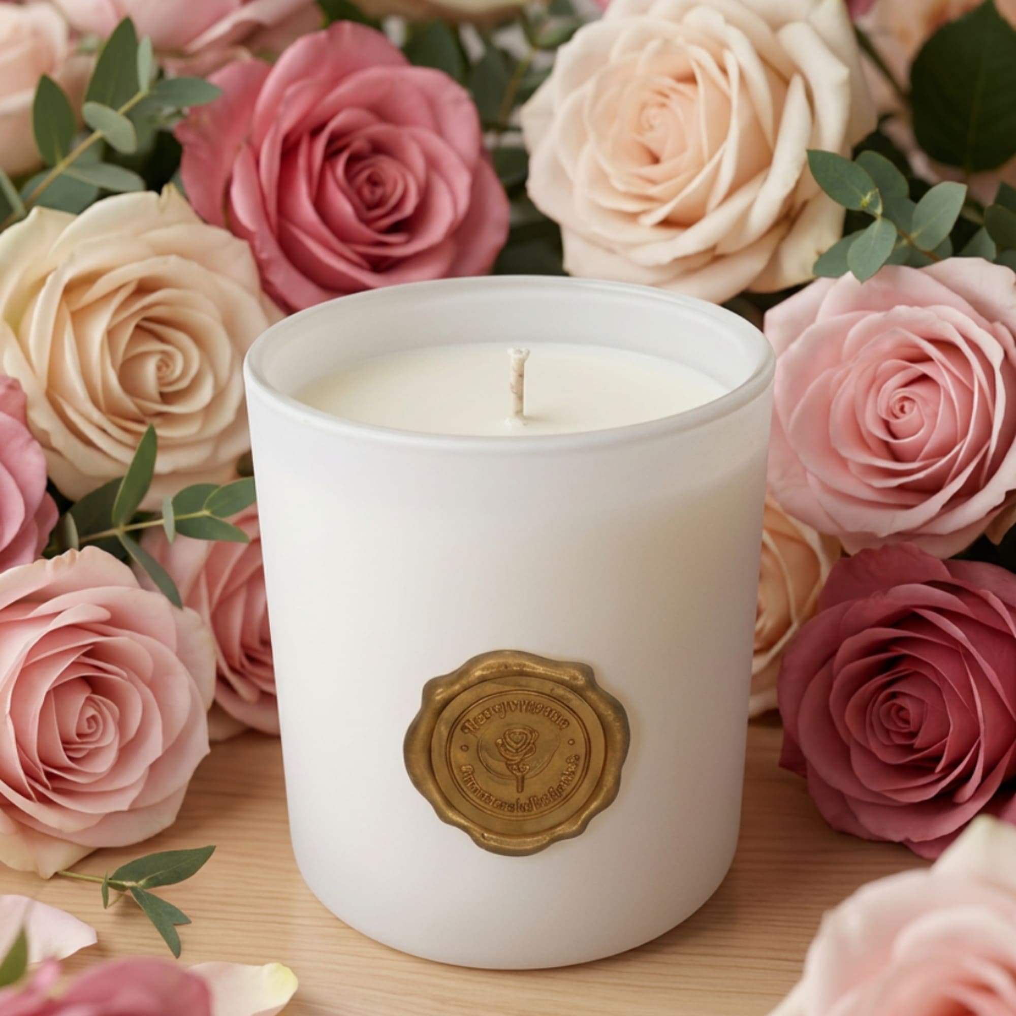 White candle surrounded by pink and cream roses
