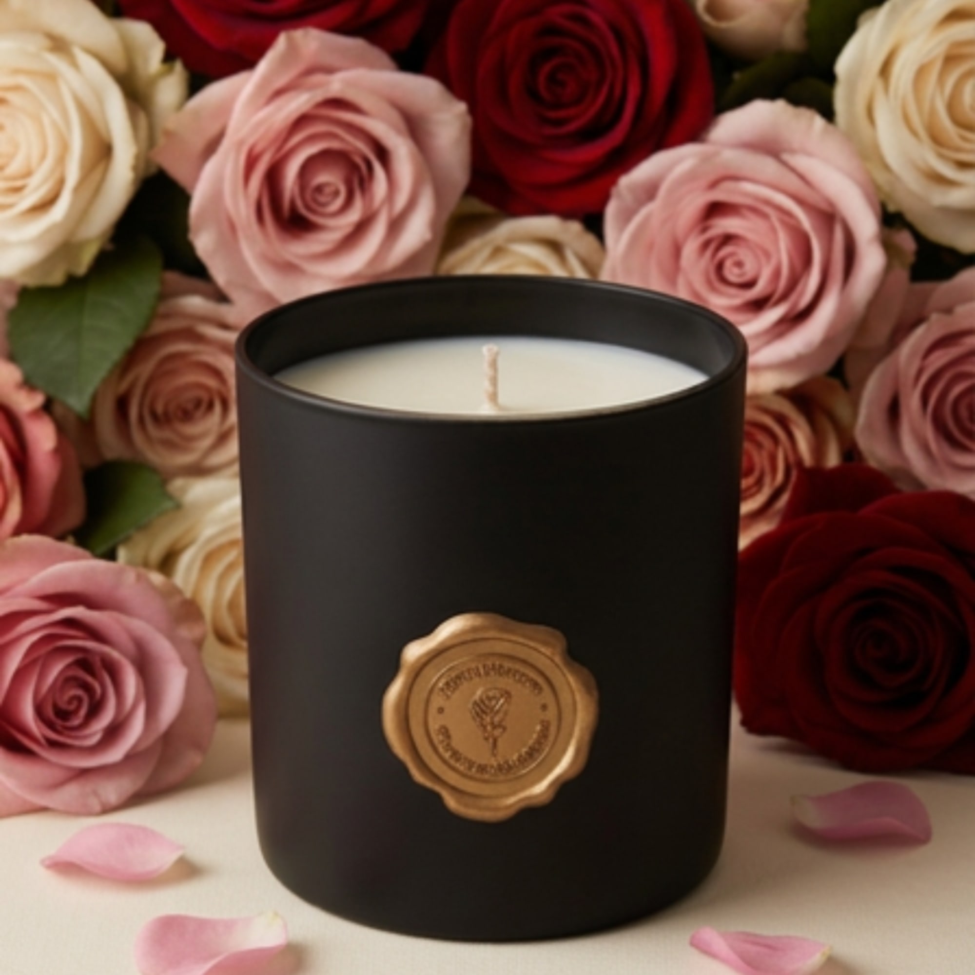 Black candle in a matte jar surrounded by pink and red roses