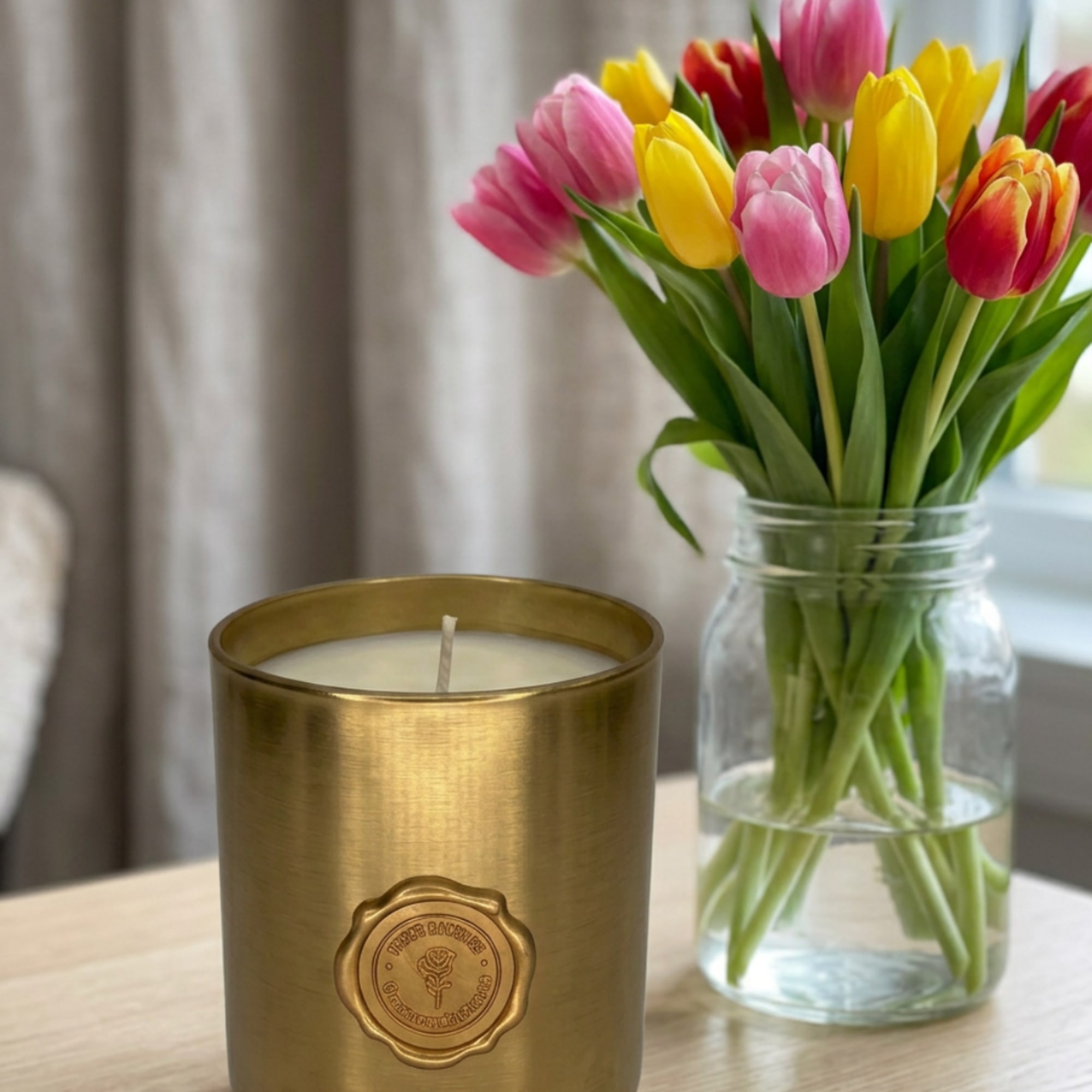 Pink and yellow tulips in a glass jar beside a gold candle