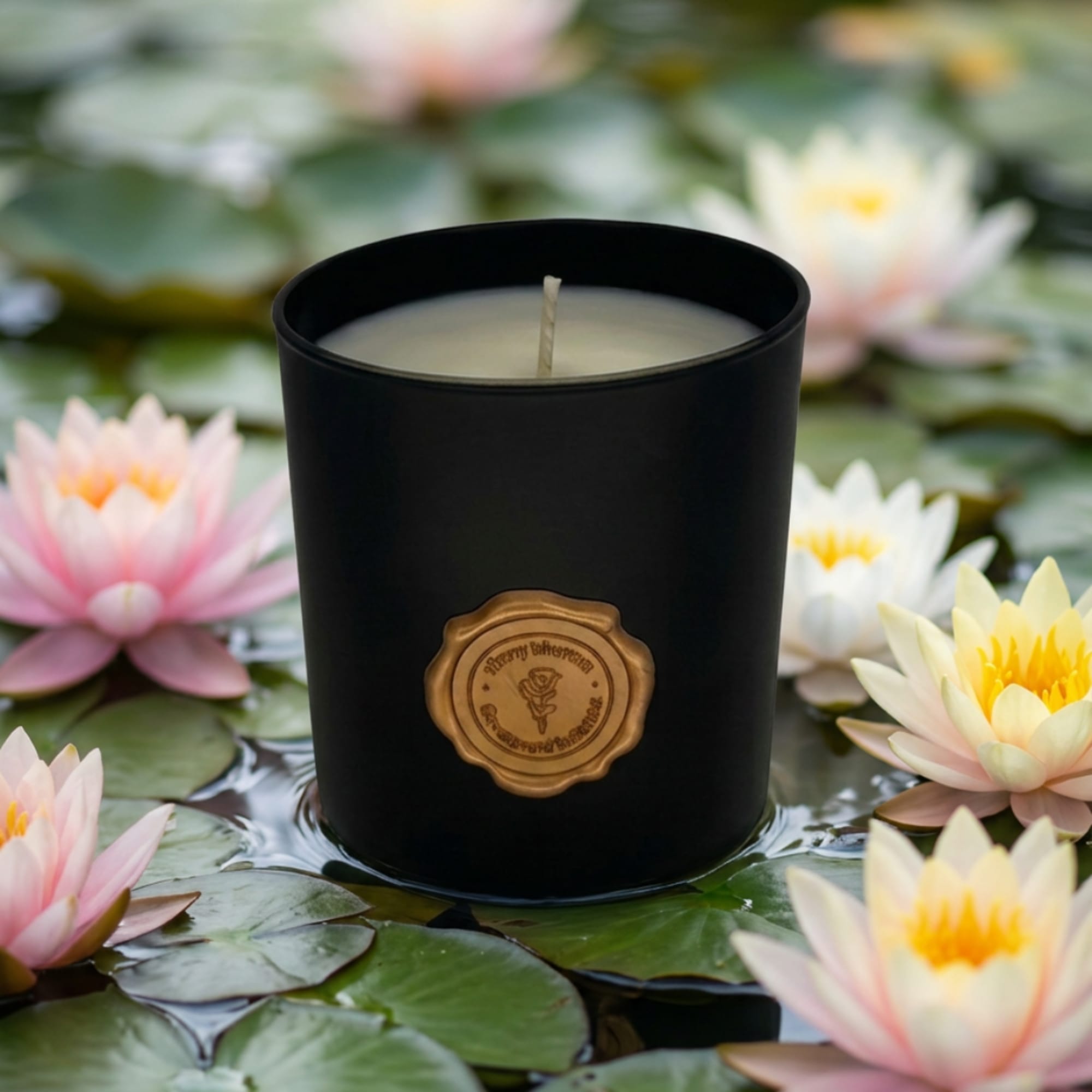 Black candle in a matte jar surrounded by water lilies