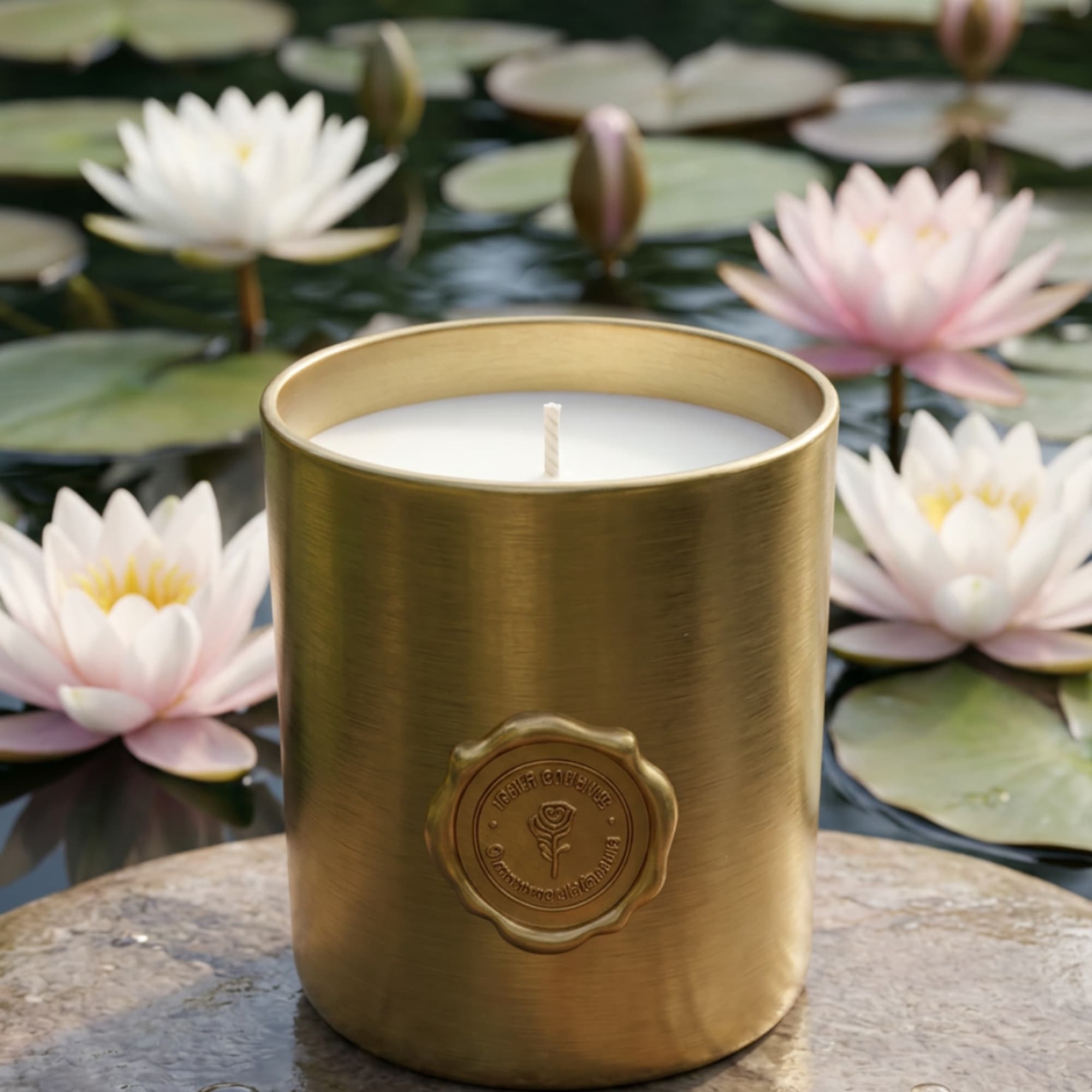 Gold candle in a metal container with water lilies in the background