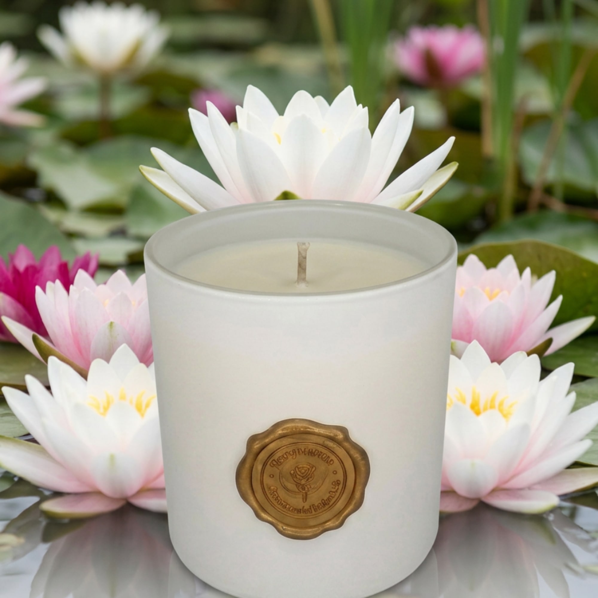 White candle in a frosted glass jar surrounded by pink and white water lilies