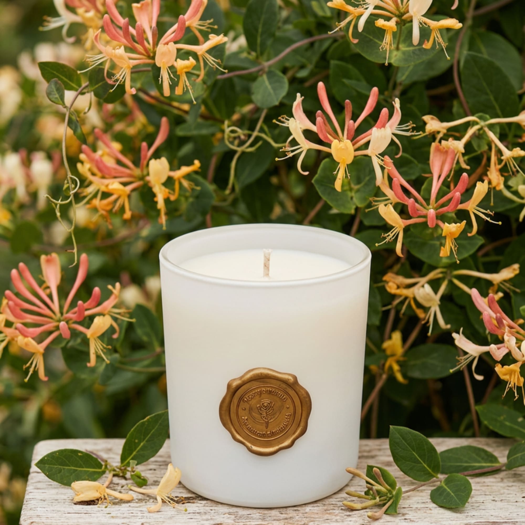 White candle in a glass jar with honeysuckle flowers behind it