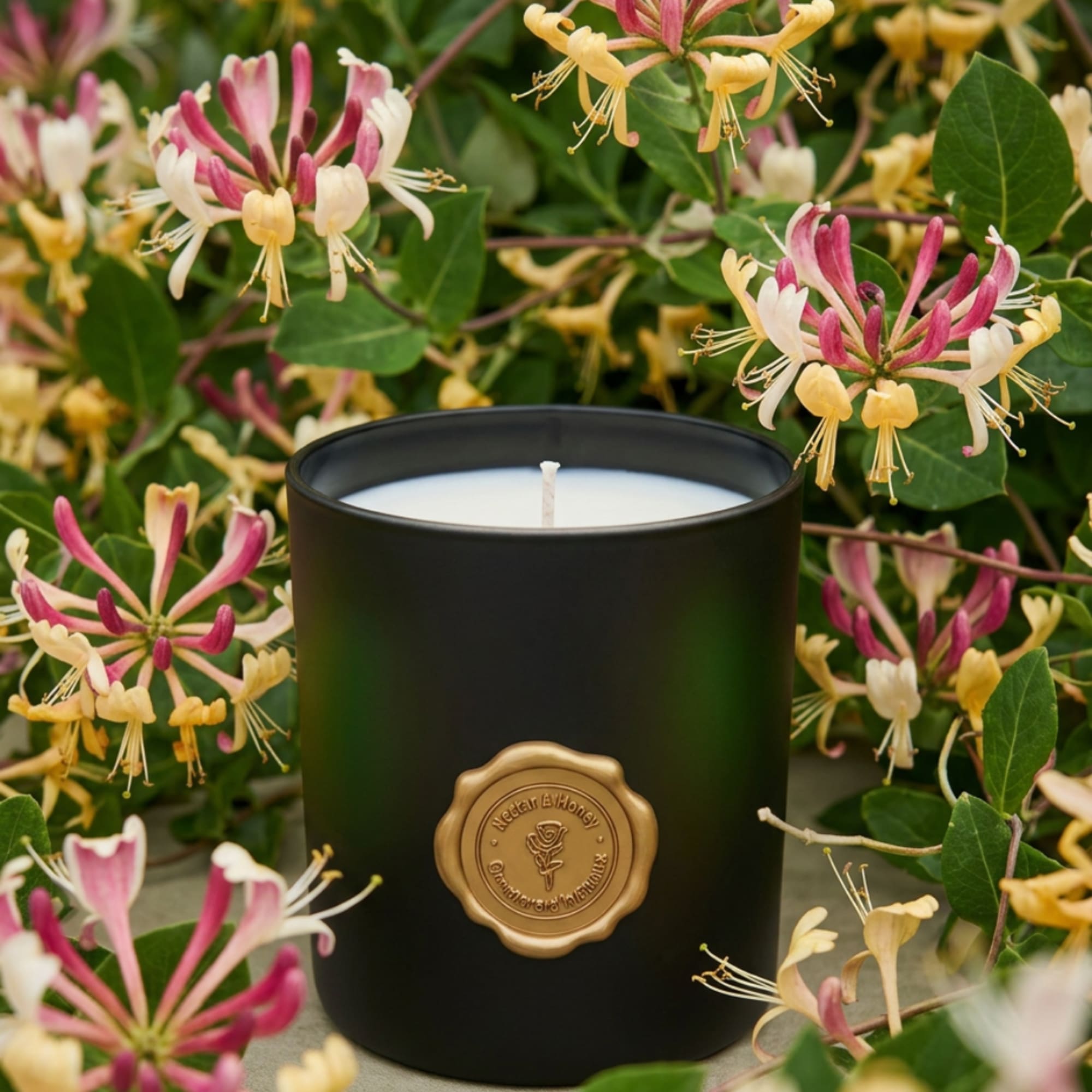 Black candle jar surrounded by pink and cream honeysuckle flowers